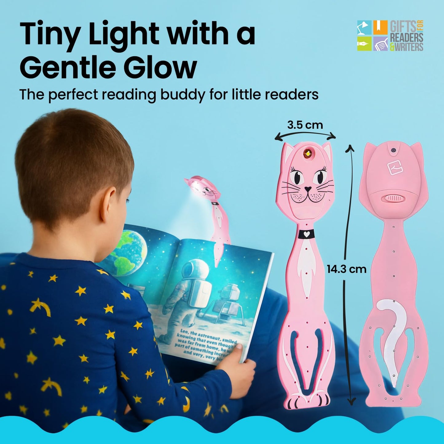 Gifts for Readers & Writers Book Light for Kids, Clip On Reading Light for Bed, 2in1 Flexilight Pals & Bookmark, Small & Lightweight with a Soft Glow, 2 Batteries Included, Cat
