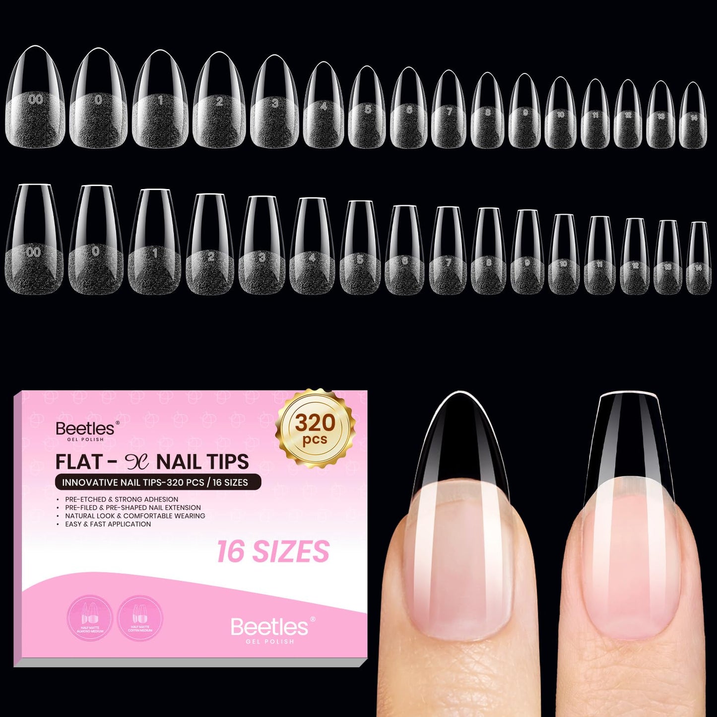 Beetles Gel Nail Tips Flat-X - Almond Coffin Medium, 320pcs 16 Sizes, Pre-Etched Half Matte Full Cover Soft Acrylic False Nail Tips Easy DIY Press on Nail Extension Salon for Flat & Natural Nail Beds