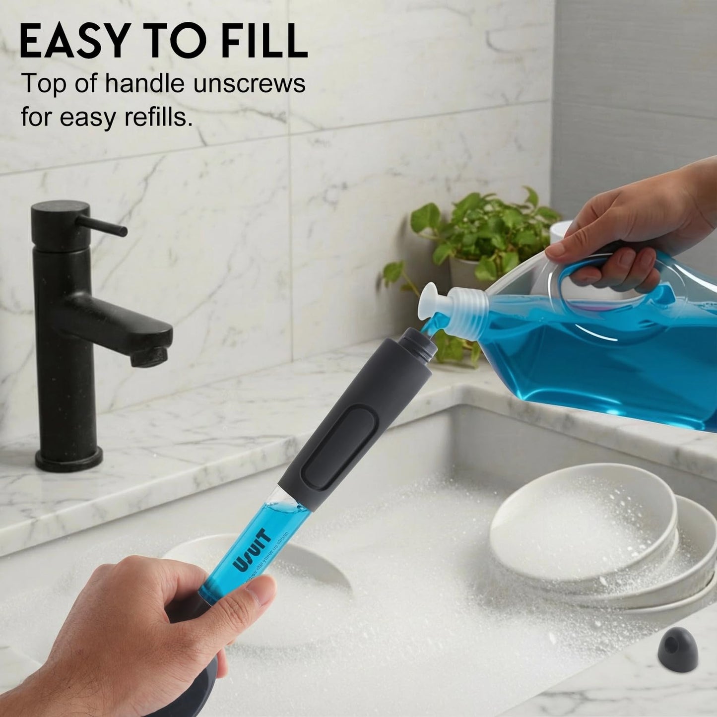 Usuit Soap Dispensing Dish Brush (2 Pack) – Ergonomic Kitchen Scrub Brush with Soap Dispenser Handle – Non-Slip Dish Scrubber for Pot, Pan, and Sink Cleaning – Easy-to-Handle Washing Brushes for Home
