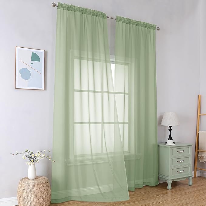 Simplebrand Light Green Sheer Curtains 84 Inches Long 2 Panels, Light Filtering Rod Pocket Solid Color Window Sheer Curtain Panels, Elegant Curtains & Drapes for Living Room, Bedroom, 42" W x 84" L