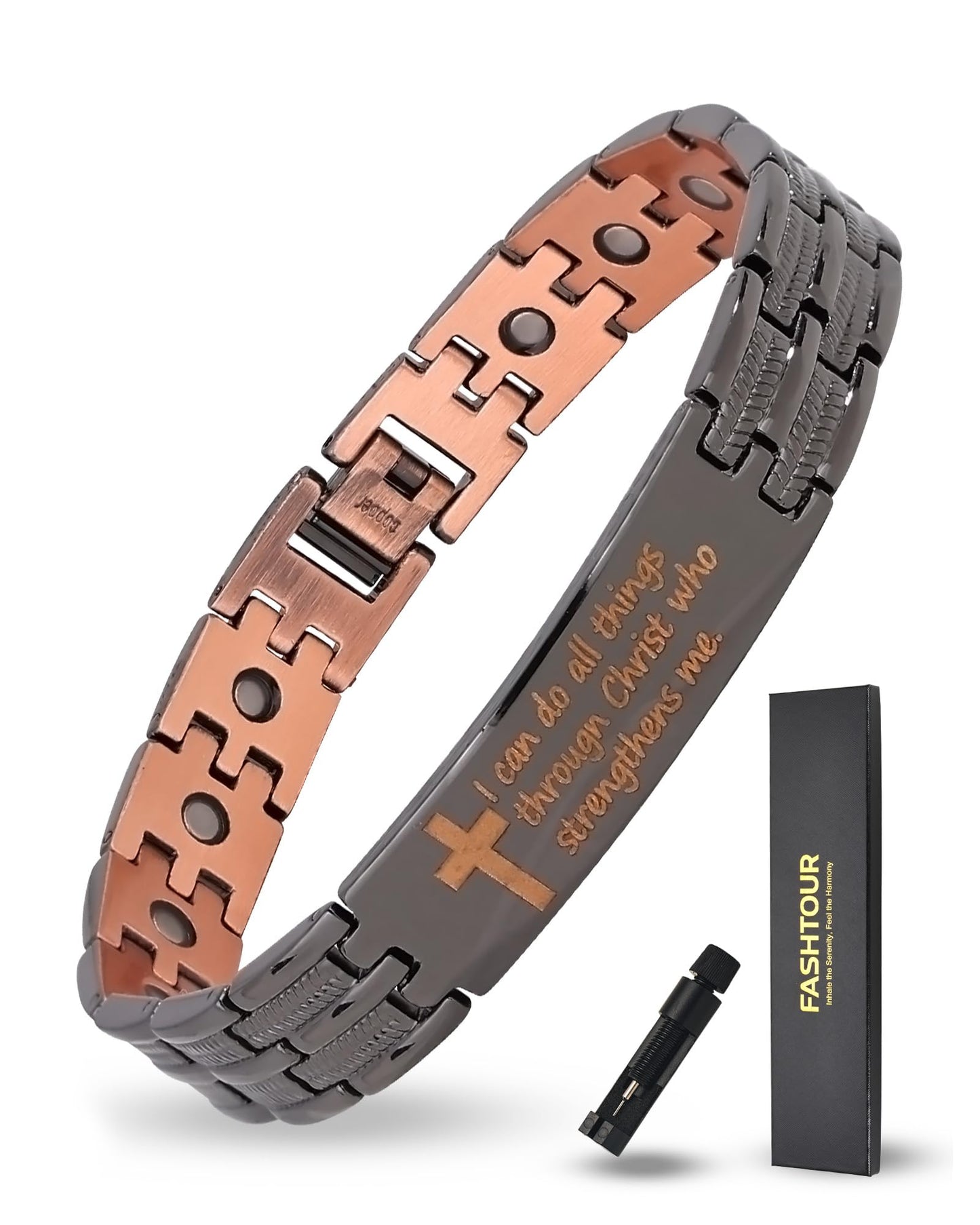 Fashtour Copper Cross Bracelet for Men, Ultra Strength Magnetic Jewelry, Rice-Ear Design Adjustable Copper Biblical Cross Bracelet with Sizing Tool & Box (Black-Philip 4:13)