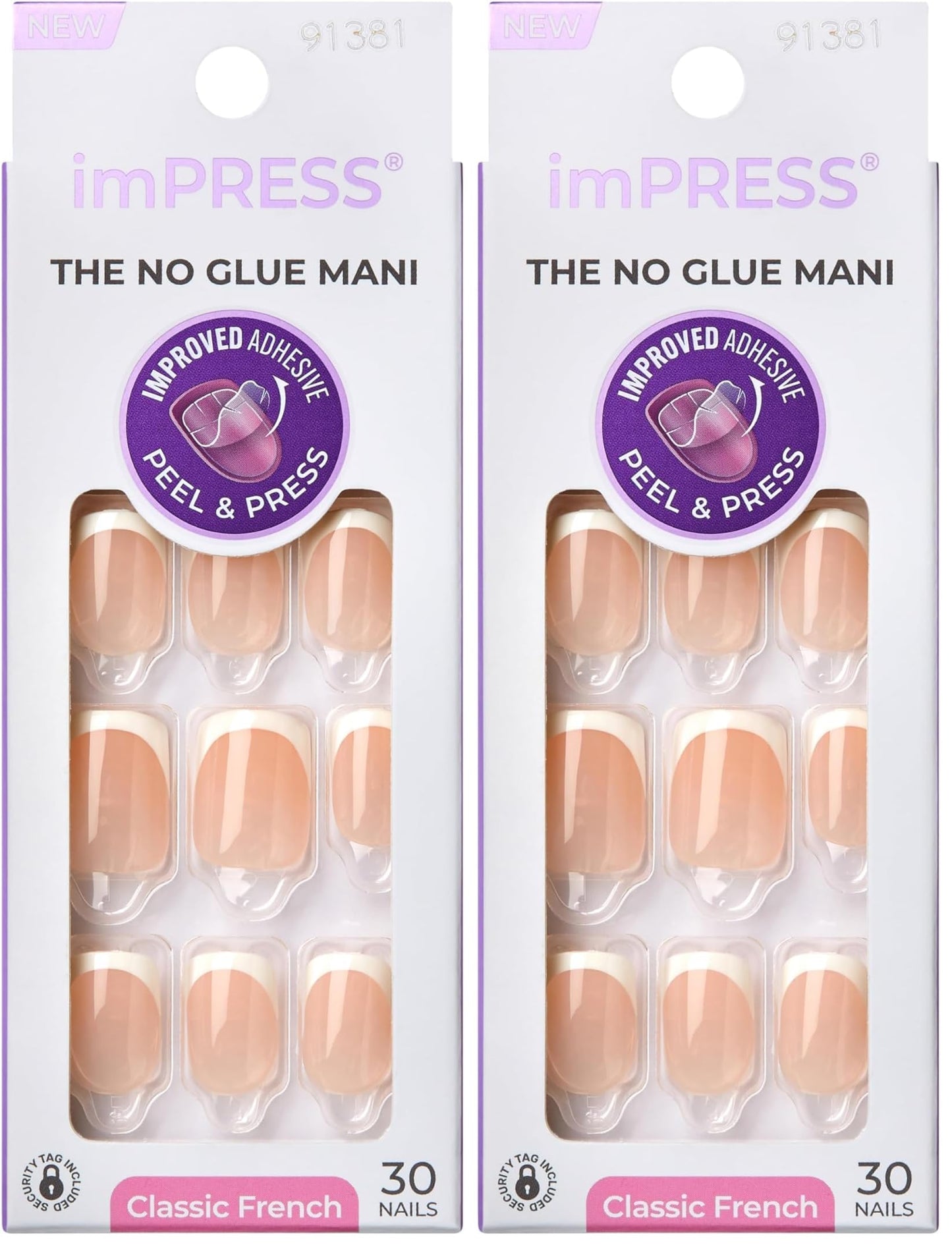 KISS imPRESS No Glue Mani Press On Nails,French,'Model',White,Short Size,Squoval Shape,Includes 30 Nails,Prep Pad,Instructions Sheet,1 Manicure Stick,1 Mini File,(Pack of 2)