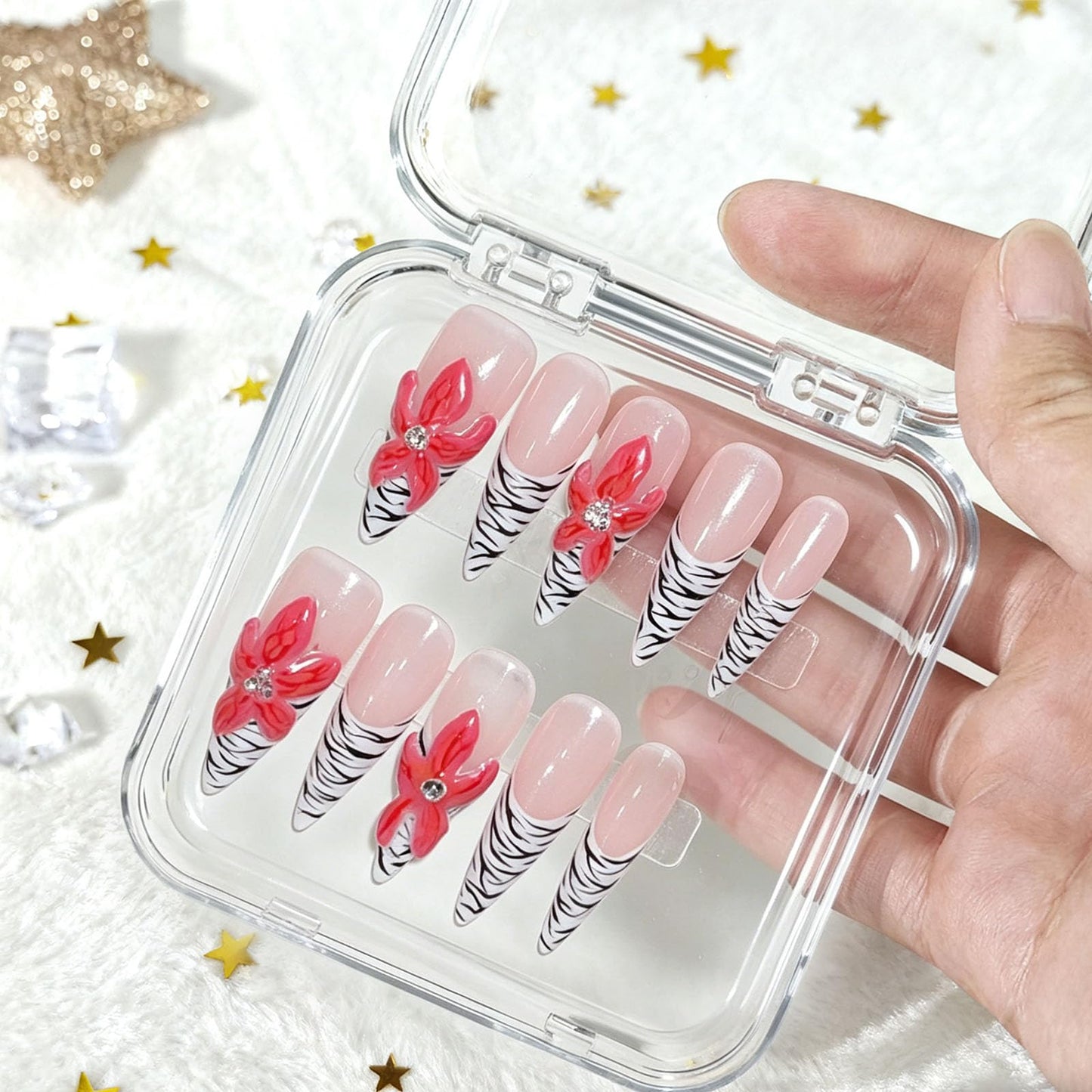 10 Pcs Handmade Press on Nails Long Stiletto Fake Nails with Design Zebra Print French Tip False Nails 3D Red Flower Acrylic Press Ons Nails for Women Manicure - Size M