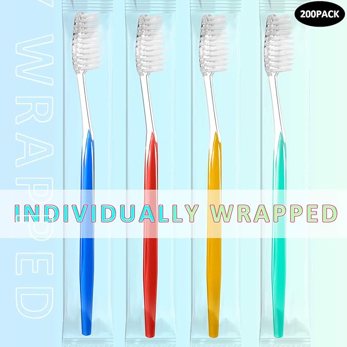 Patelai Disposable Toothbrushes Individually Wrapped Toothbrushes Medium Soft Bristle Tooth Brush Manual Disposable Travel Toothbrush Set for Adults Kids Travel Toiletries, 4 Colors (200 Pieces)