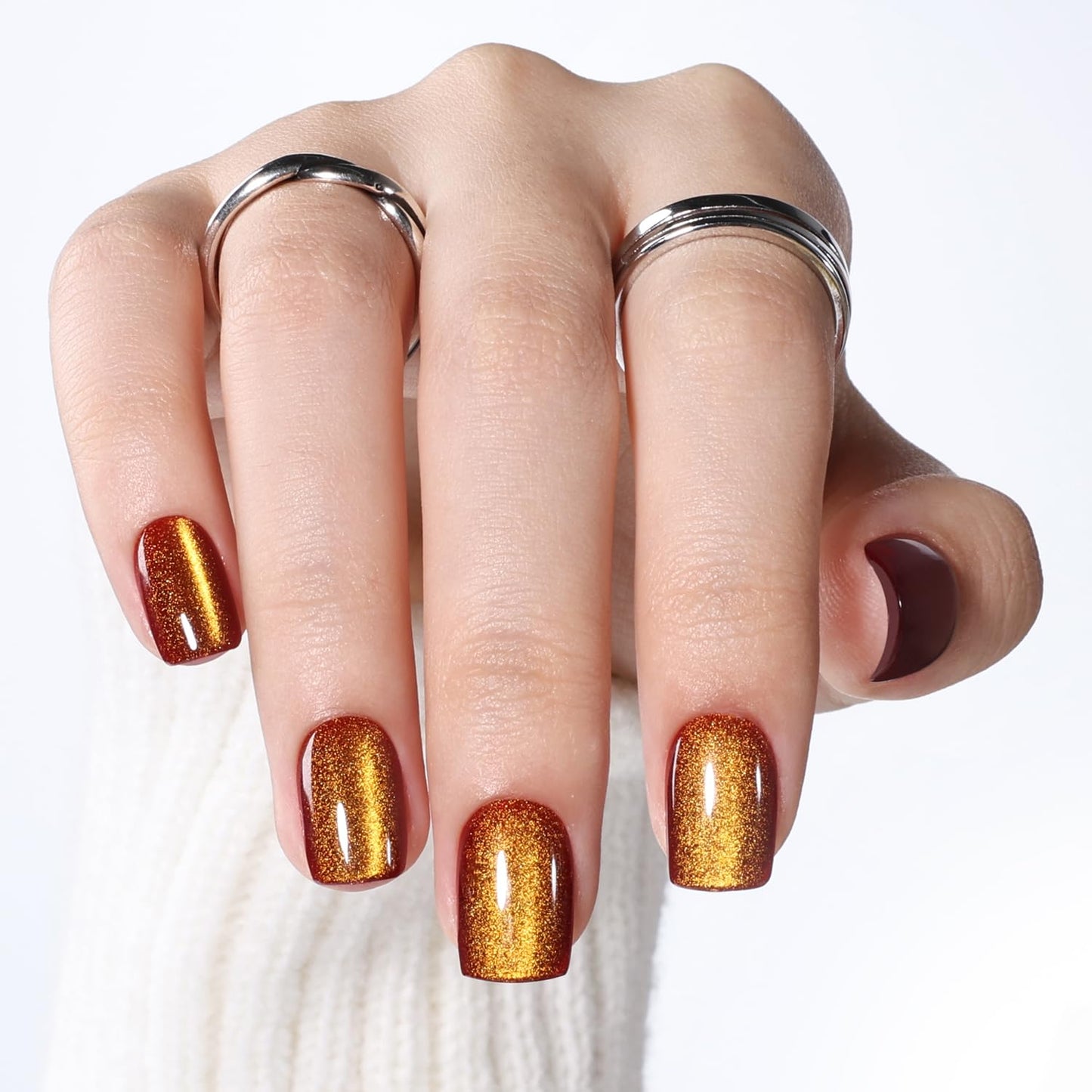 Leefrei Brown Cat Eye Press On Nails - Short Square Press on Nails Press Ons for Women, Reusable Glossy Fake Nails Kit with Glue DIY Nails Short in 15 Sizes - 30pcs, Amber Mocha