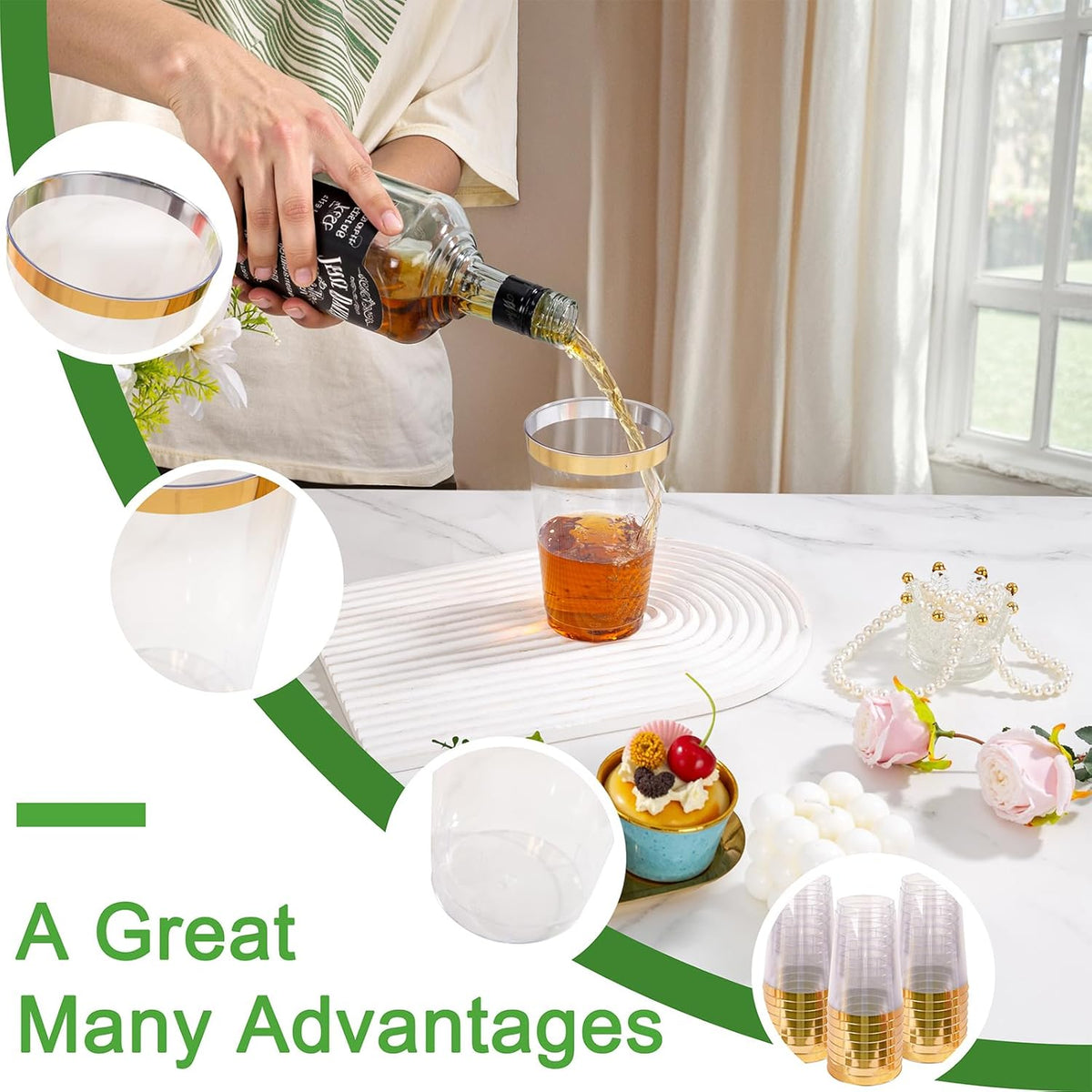 I00000 100 Pack 20 oz Gold Plastic Cups, Elegant Gold Rimmed Plastic Cups, Disposable Cocktail Glasses Wine Glasses, 20 oz Premium Tumblers Perfect for Birthday, Party & Wedding