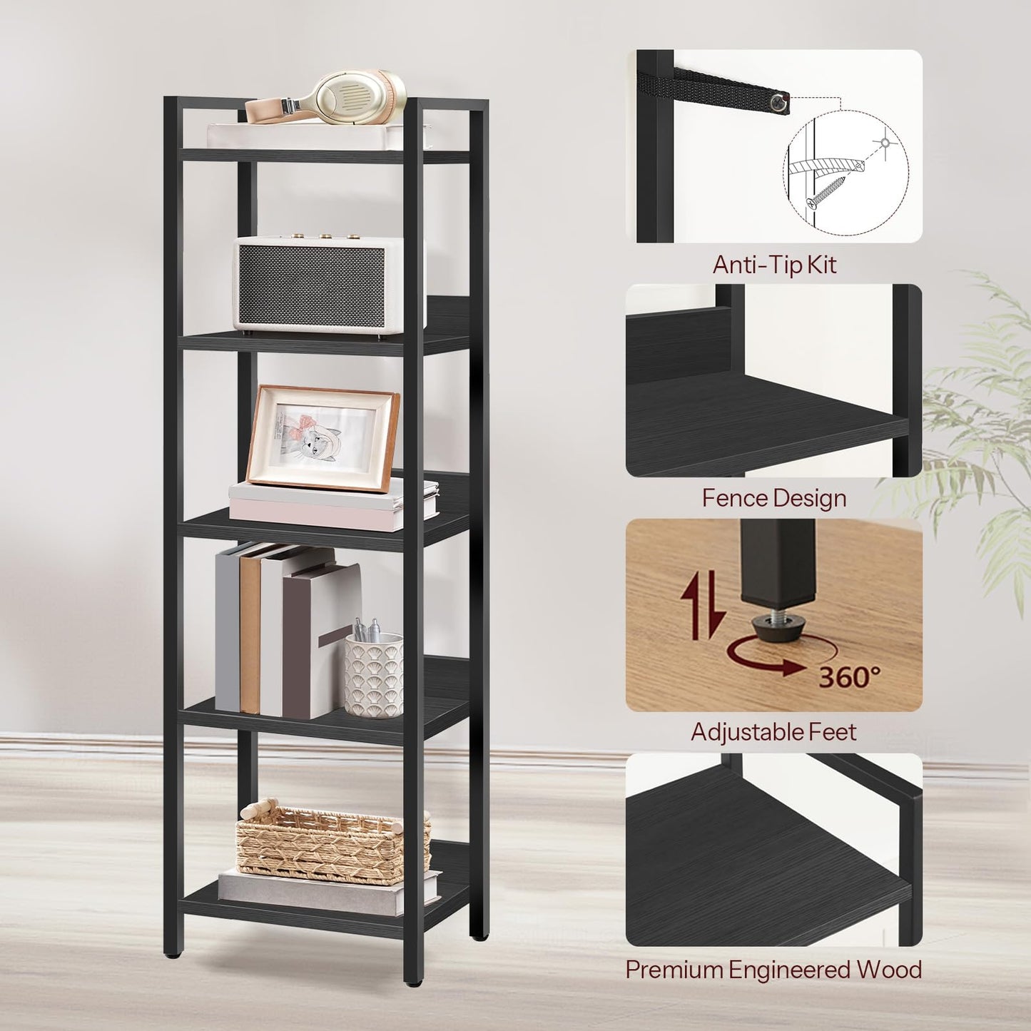 MAHANCRIS 5-Tier Bookshelf Bookcase and Clamp On Desk Organizer Bundle, Shelves Organizer for Small Spaces, 2-Tier Desktop Bookshelf, for Office, Study and Game Room, BKHB5501-DSBK3501