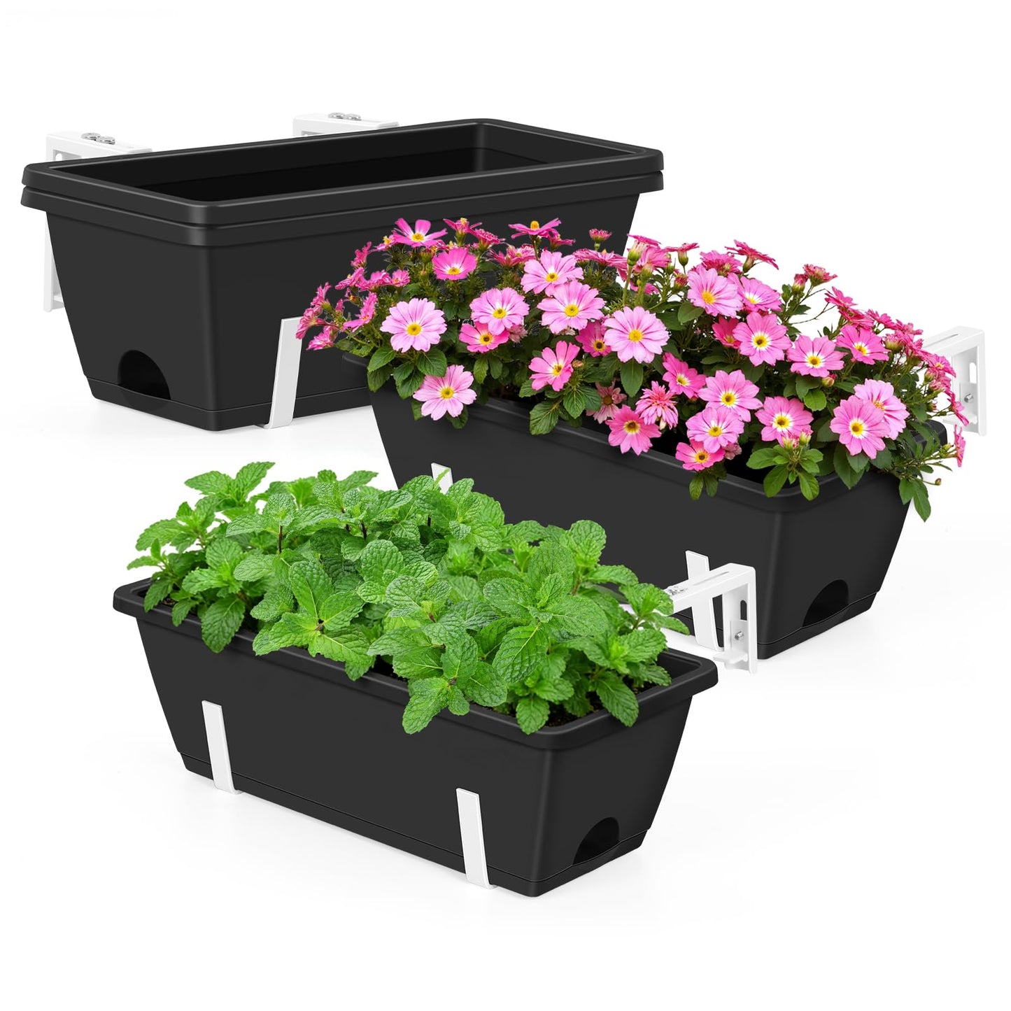 OYEAL Railing Planter Box Outdoor 4 Pack Hanging Balcony Planters 17 Inch Window Boxes Planter with Adjustable Brackets Plastic Flower Pots for Garden Deck Porch Railing Balcony Fence, Black & White