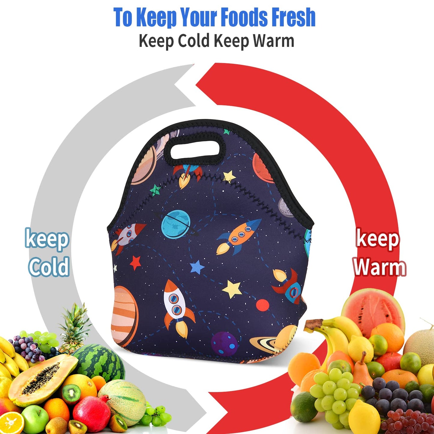 Violet Mist Women's Reusable Neoprene Lunch Bag, Space Rocket, Unisex, 11.4"L x 10.43"H x 5.51"W, 8.7 inches, fits containers up to 7"W
