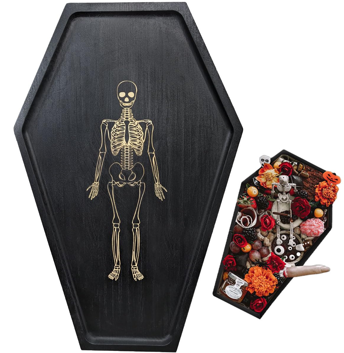 15.7" Solid Wood Coffin Charcuterie Boards with Skeleton Engraving, Halloween Serving Dish Tray, Gothic Cheese Board for Food Fruits Snack, Goth Kitchen Accessories
