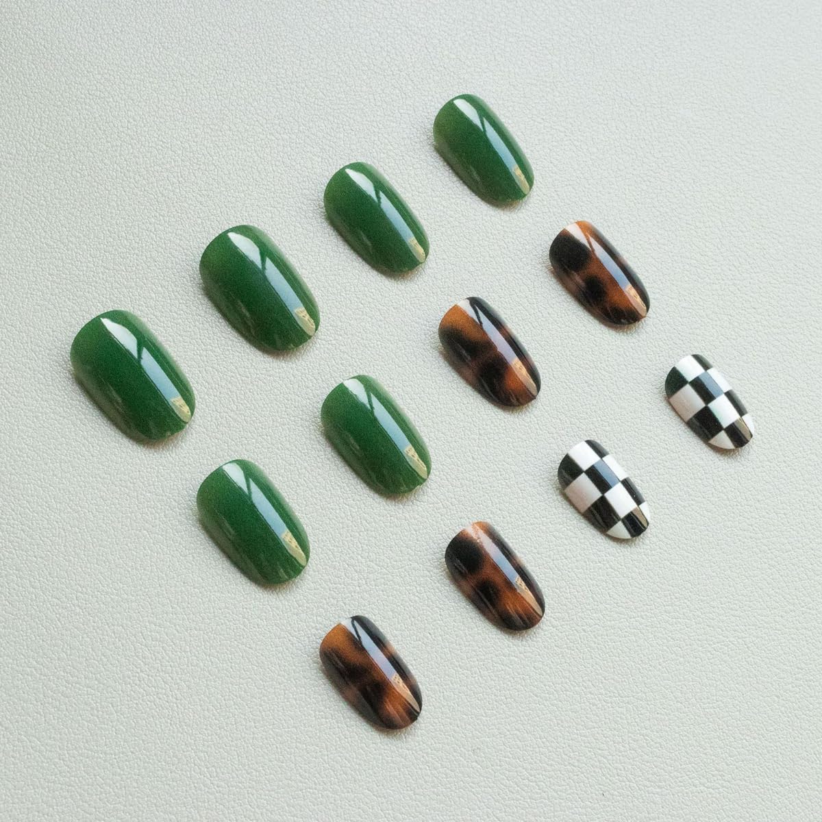 Spring Press on Nails Medium Oval Fake Nails Tortoiseshell False Nails Press ons with Flower, Checkered Design,Cute Reusable Artificial Nail Full Cover Stick on Nails for Women Manicure 24Pcs