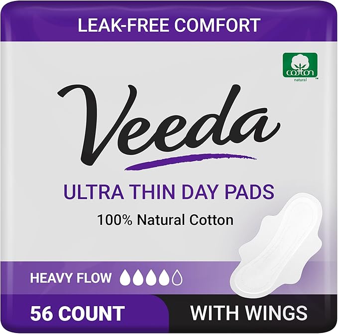 Veeda Natural Cotton Day Pads for Women - Heavy Flow Absorbent Ultra-Thin Feminine Pad with Wings - Hypoallergenic Period pad - Unscented & Chlorine free Sanitary Napkins - 56 Count
