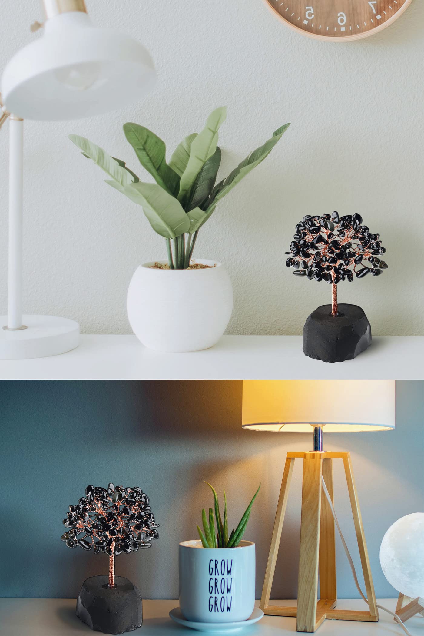 QINJIEJIE Black Obsidian Crystal Tree Healing Crystals Natural Stone Base Gemstone Tree Copper Wire Chakra Tree Life Tree Luck Tree Energy Desk Decor Spiritual Gift Meditation