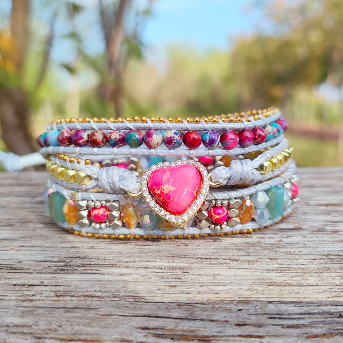 YGLINE Chakra Handmade Leather Wrap Bracelet Imperial Jasper Wrap Adjustable Bead Bracelet