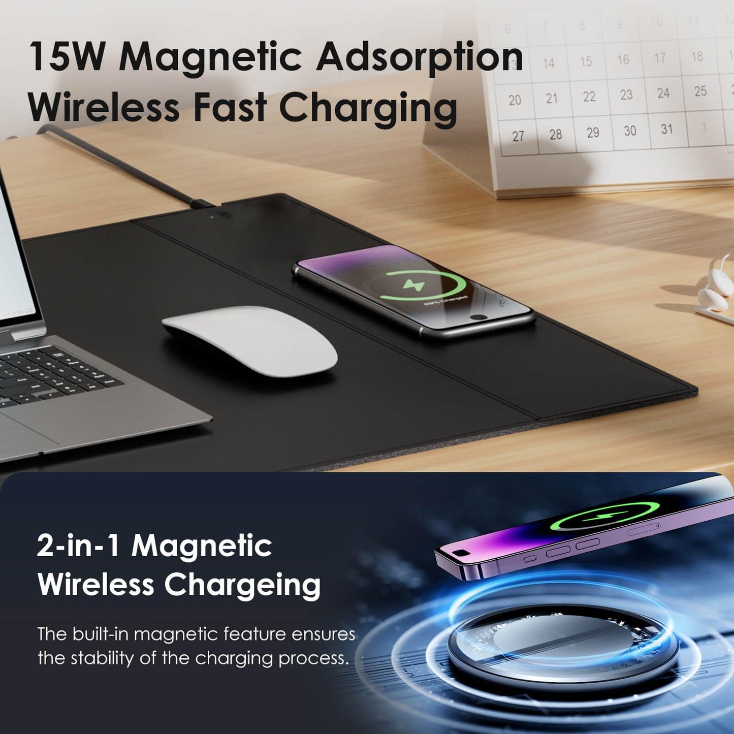 Magnetic Mouse Pad with Wireless Charging, 31'' x 11.7'' Extra Large Desk Pad, Waterproof and Scratch-Resistant Mousepad, Charcoal Black Computer Mouse Mat for MacBook, PC, Laptop