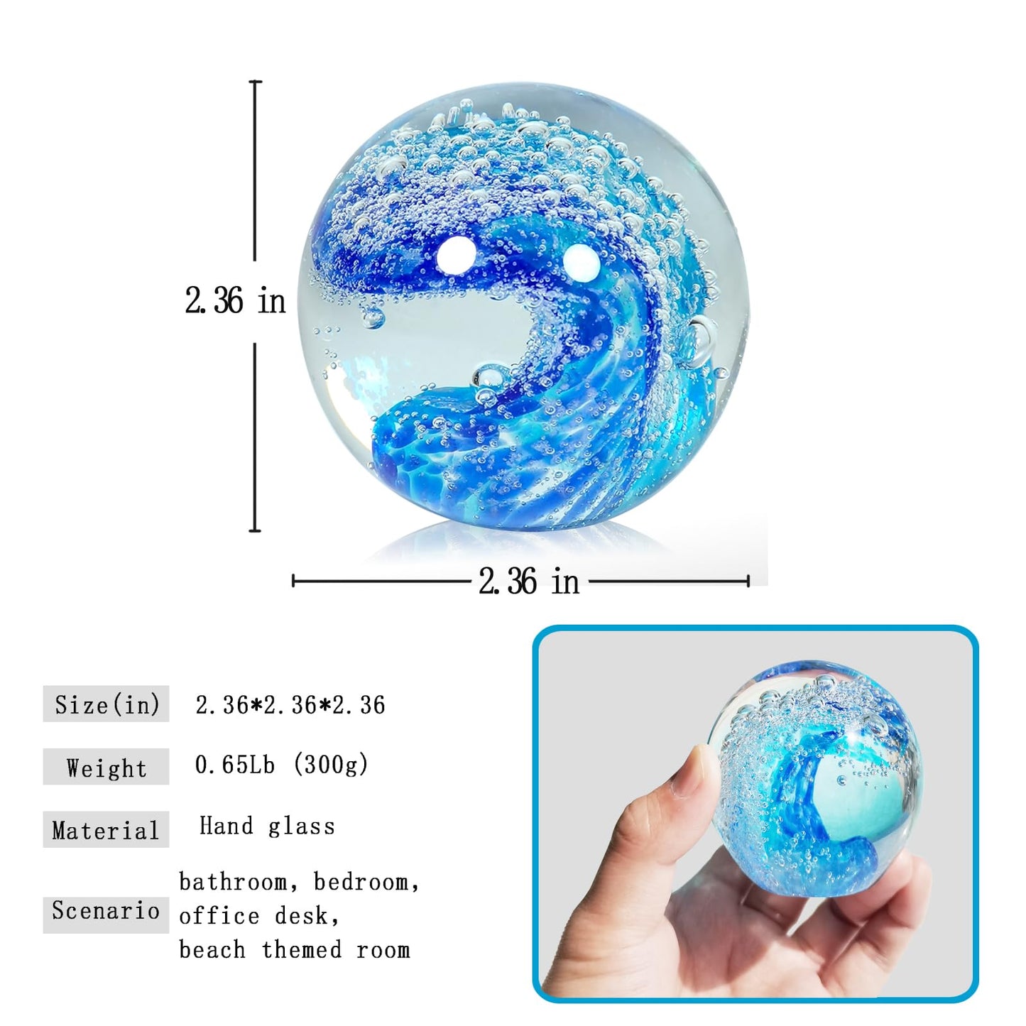 JUYOULE Hand Blown Glass Decorative Balls：Unique Ocean Wave Design, Elegant Paperweights for Office Desk, Coastal Room Decor, Beach Bathroom Decor, Sea Glass Art, Ocean Gift Idea （Blue）