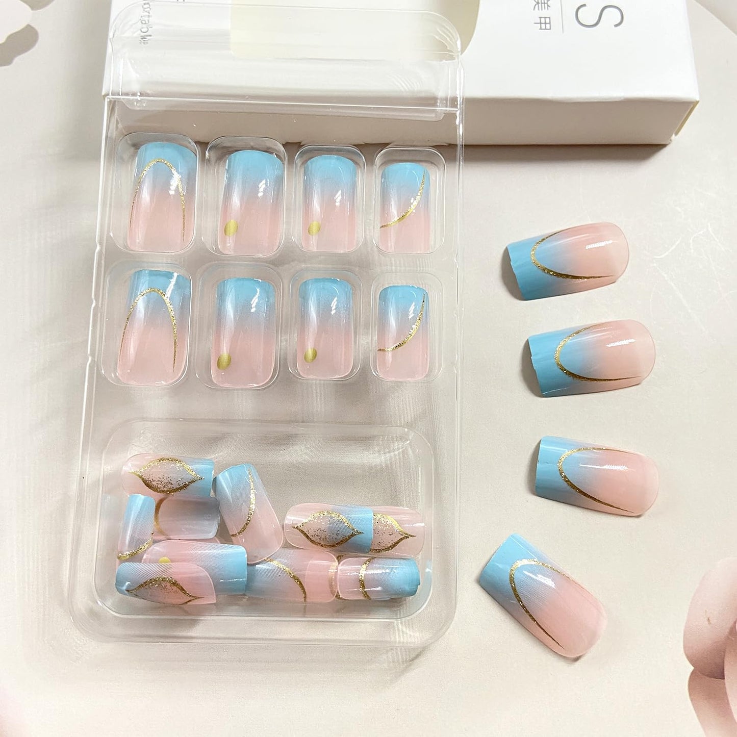 Blue Gradient Press on Nails with Gold Glitter Fake Nails Medium Square Acrylic Glue on Nail Glossy Full Cover False Stick on Nail for Women DIY Artificial Manicure