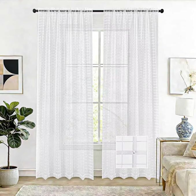 SpaceDresser Check Sheer Curtains 108 Inches Long for Living Room, Rod Pocket Plaid Semi Sheer Drapes for Kitchen Bedroom（White, 52W x 108L）