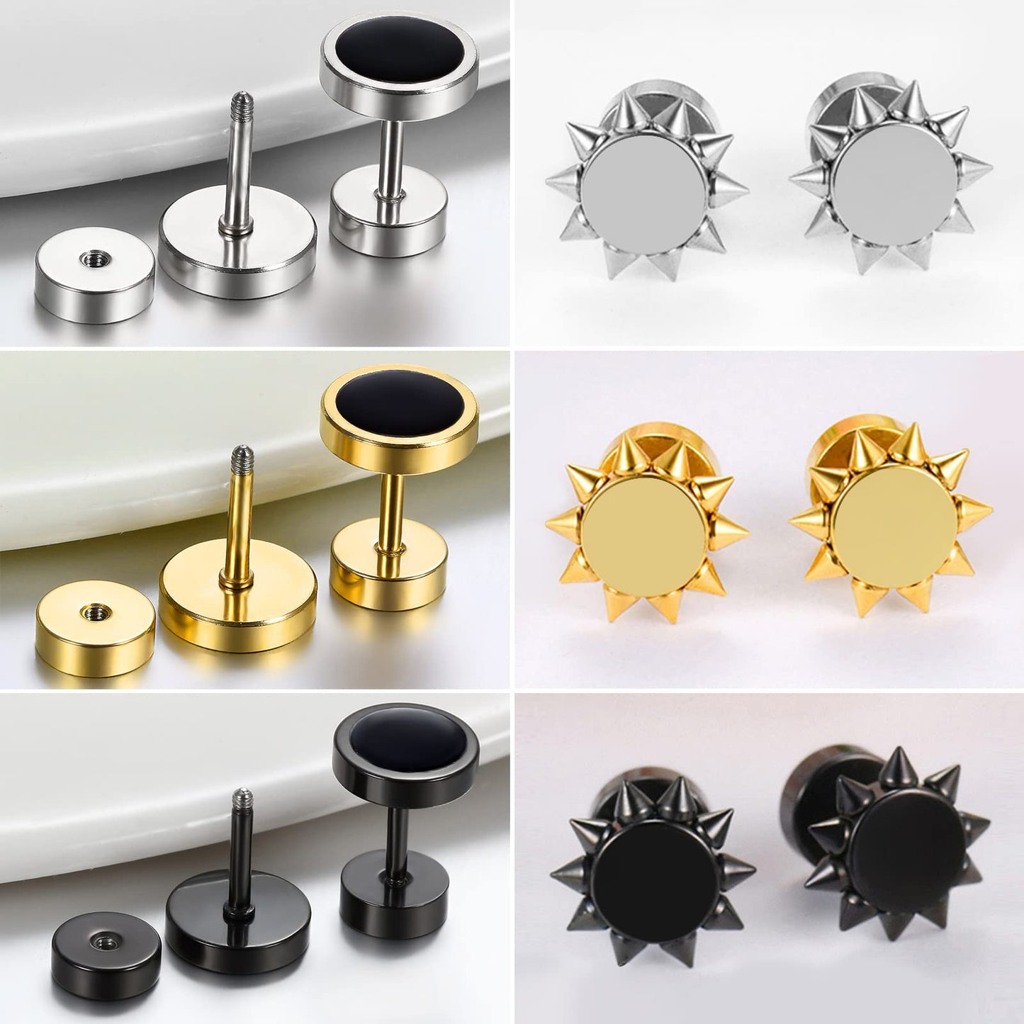 Aroncent 6 Pairs Stud Earrings for Men Fake Gauges Fake Earrings Stainless Steel Spike Stud Earrings Set Black Gold