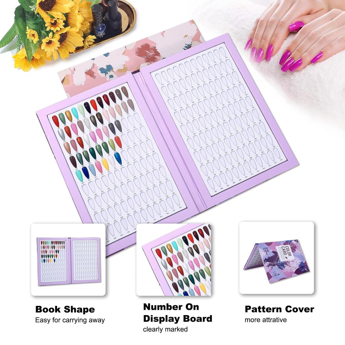 Acycoin2A 216 Nail Color Chart Display Gel Polish Color Book with 240 False Nail Tips and Number Sticker (A)