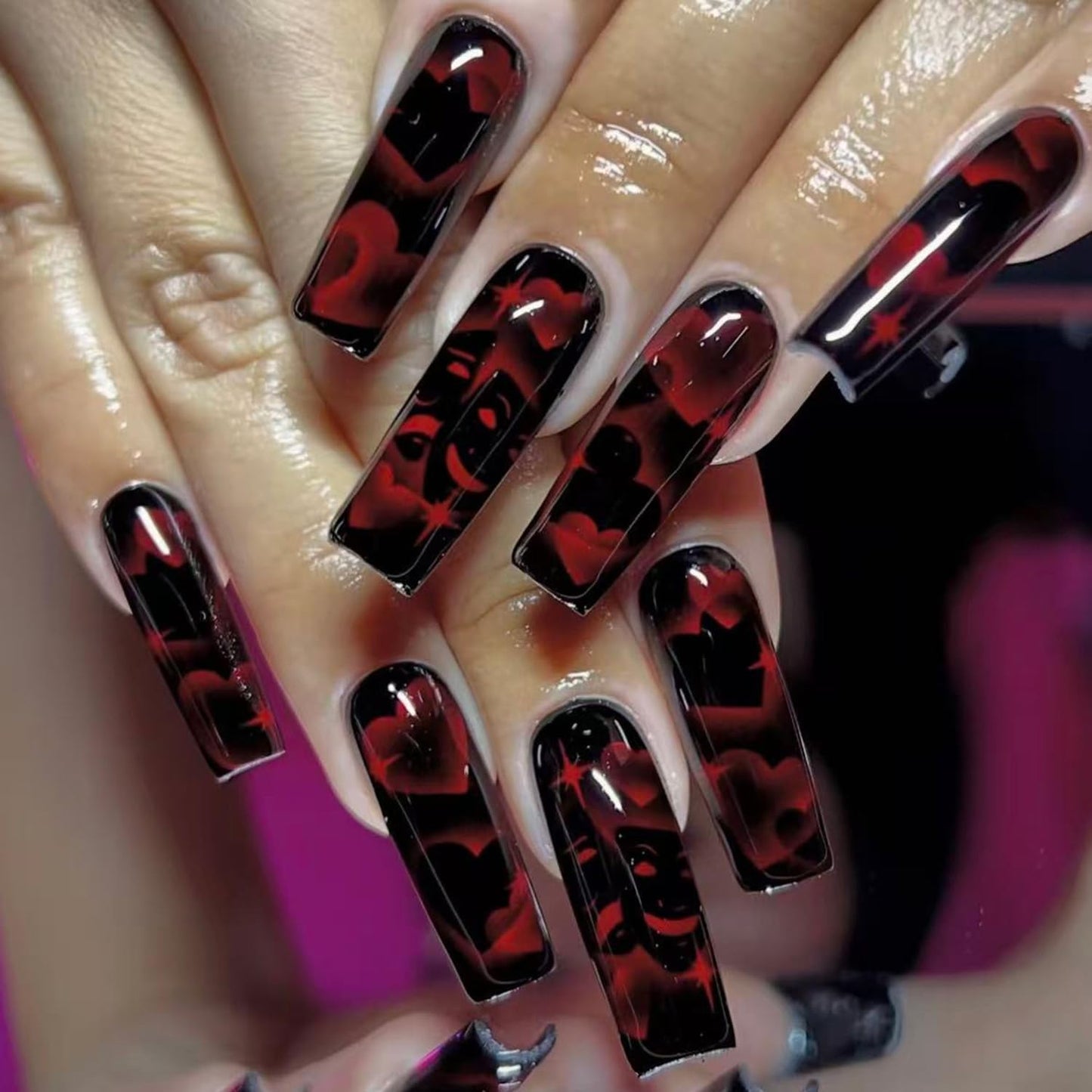 Black Heart Press on Nails Square Shaped Artificial Acrylic Fake Nails Red Love with Mask Design Full Cover Glossy Long Valentines Glue on Nail Artificial Fingernails for Women Festival Manicure 24Pcs