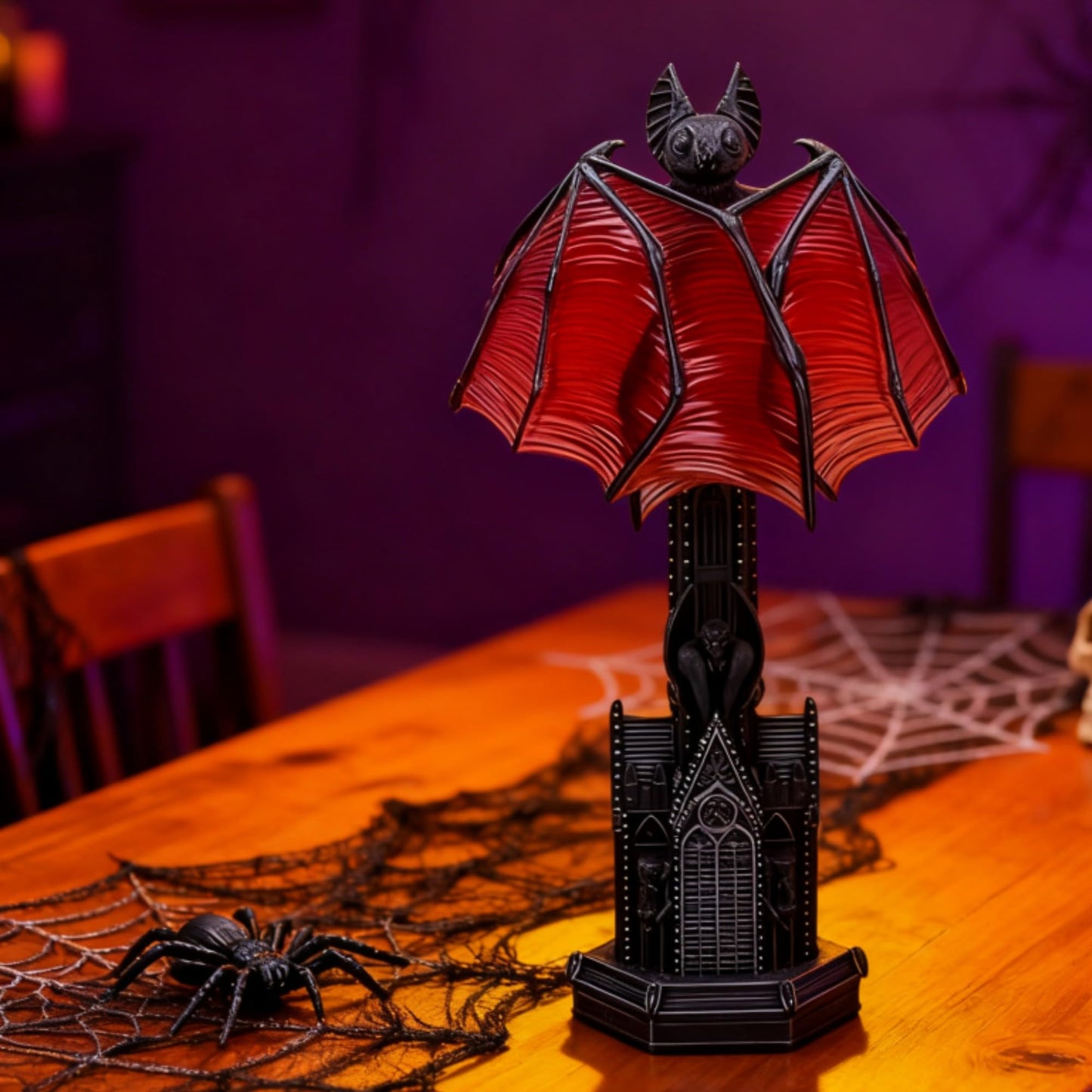 Gothic Wings of Night Halloween Lamp, Gothic Wings of Night Halloween Light with Red Glow, Handcrafted Resin, Cathedral Base Vampire Table Lamp for Spooky Horror Room or Witchy Nights Setting