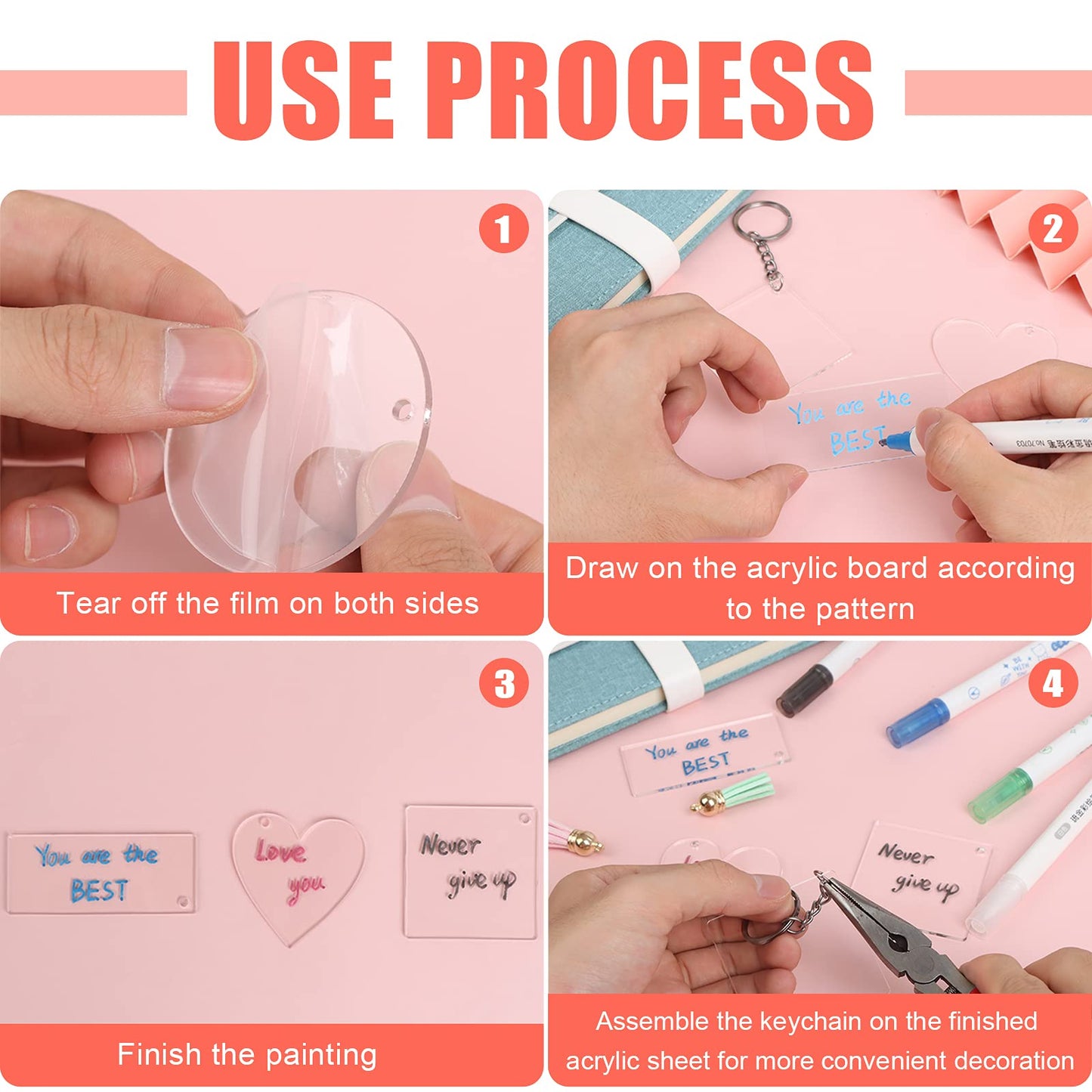 Sdfsdf 200 Piece Acrylic Keychain Blanks - Transparent Pendants in Circle, Heart, Square, Rectangle, Hexagon Shapes for DIY Crafts Projects (C-50)