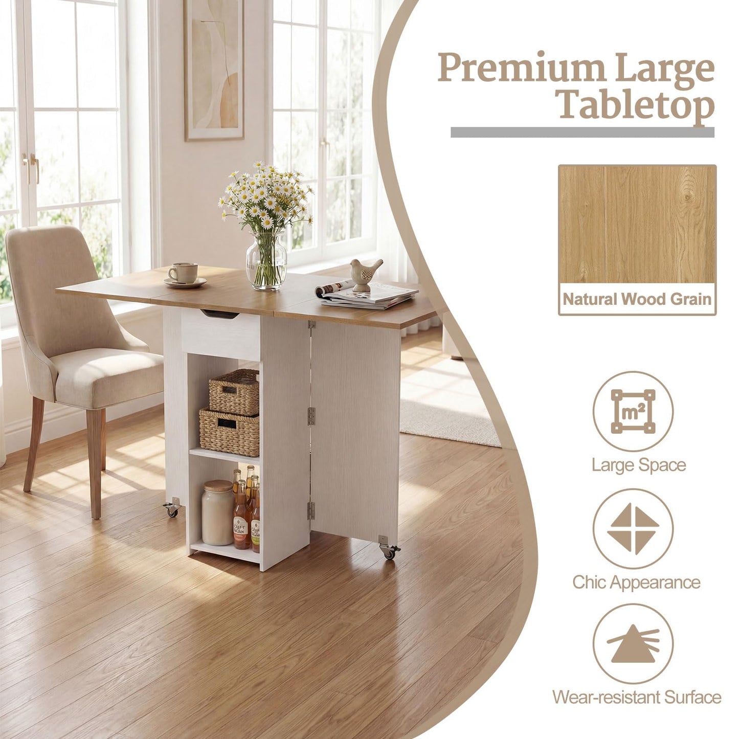 GOFLAME Drop Leaf Dining Table for 2-4, Folding Kitchen Table with Open Shelves & Drawer, Lockable Wheels, Space Saving Extendable Table for Dining Room, Living Room, Small Space, Natural & White