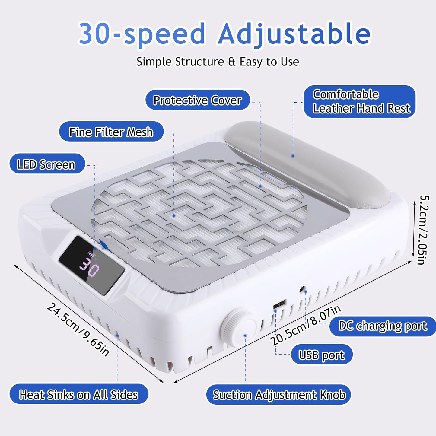 BOMOQING Rechargeable Nail Dust Collector, Professional Dust Collector Nail Tech with LED Display, Powerful Adjustable Nail Dust Cleaner Machine for Acrylic Nail Polishing & Salon use