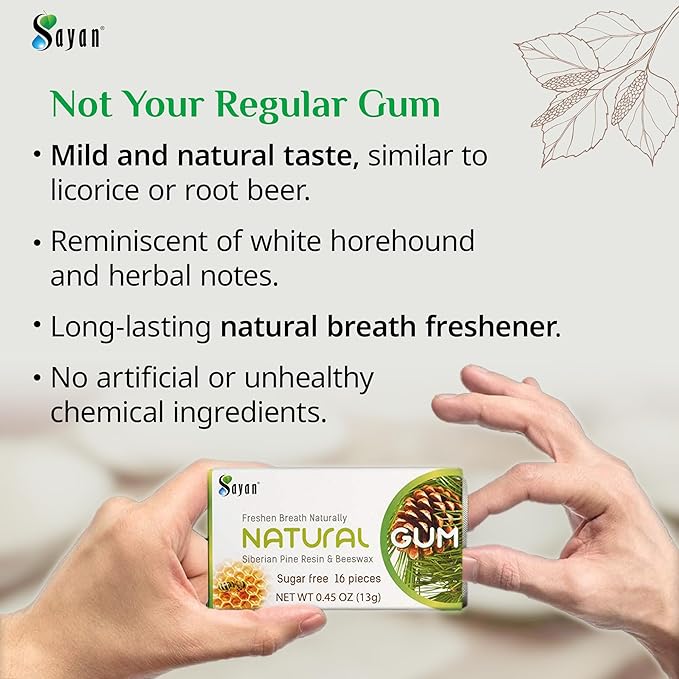 Sayan Sugar-Free All Natural Siberian Pine Tree Resin and Beeswax Chewing Gum – 6 Packs (96 Pieces) for Fresh Breath – Vegetarian, Non-GMO, Gluten Free, Aspartame Free, No Preservatives