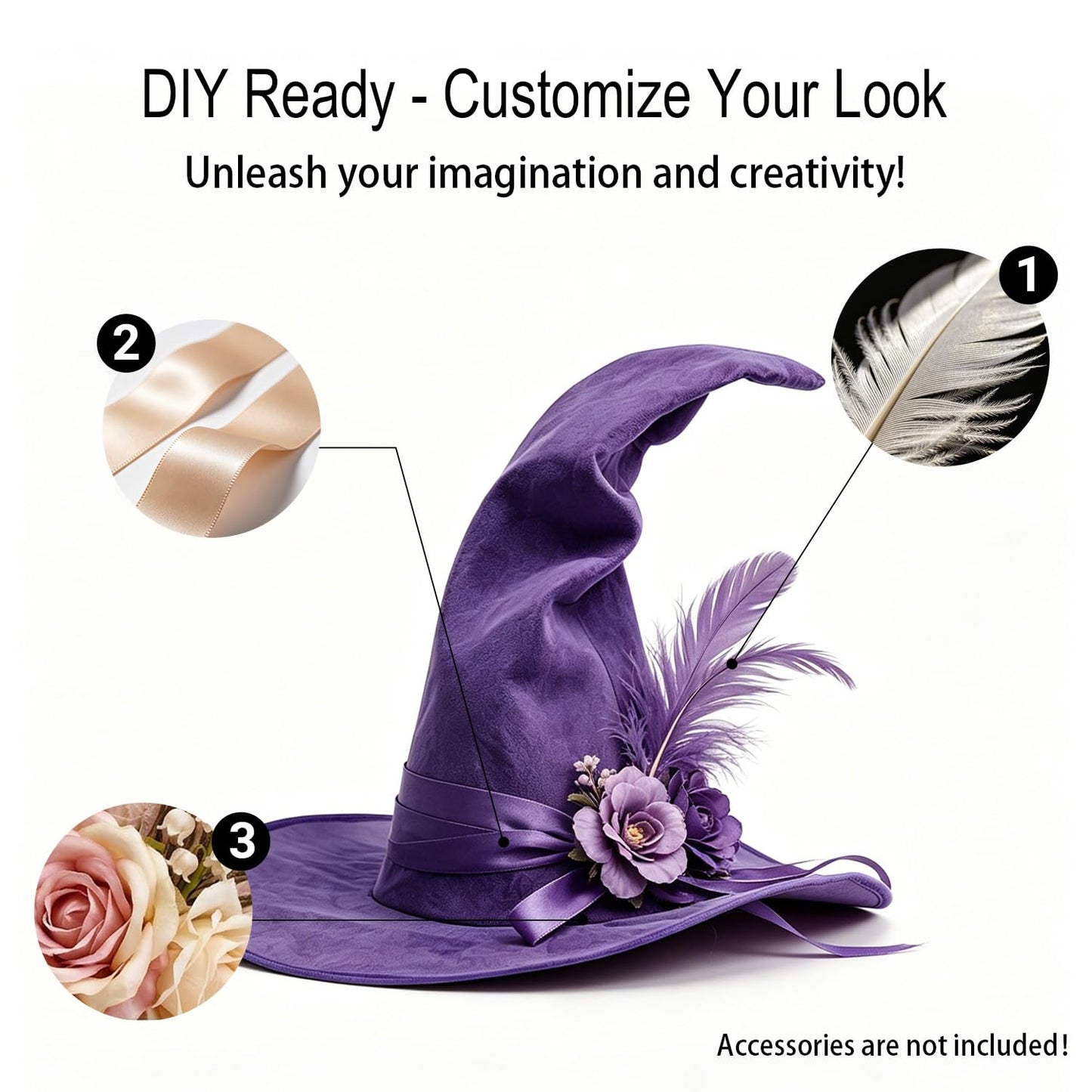 VZQI Womens Witch Hat Faux Suede Halloween Costume Accessory 18 Inch Wide Brim 8 Colors DIY Friendly Party Cosplay Purple
