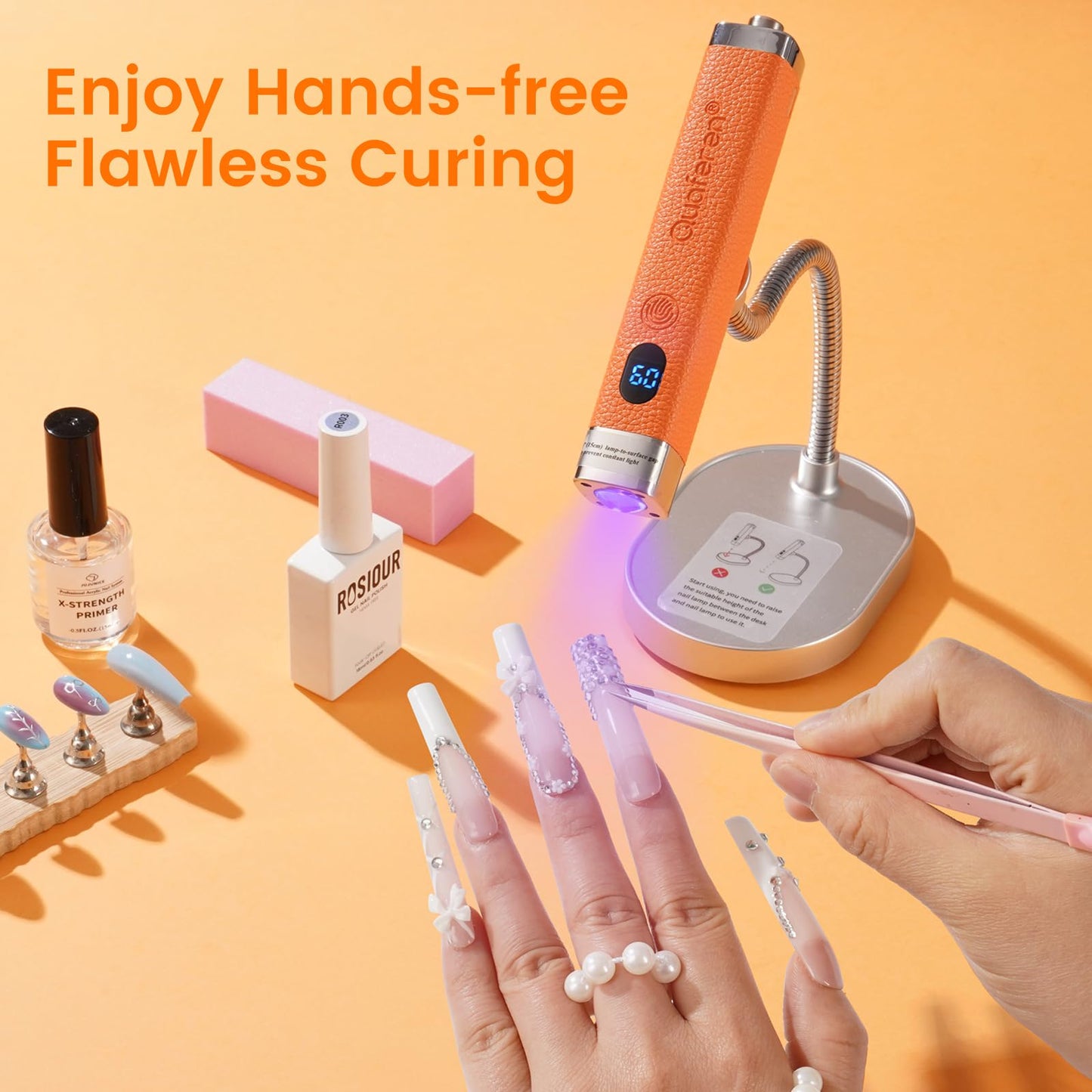 Quaferen Mini Handheld UV Light for Gel Nails with Stand, Rechargeable Flash Cure Nail Lamp with Auto Sensor, Cat Eye Magnet for Fast Drying at Home Salon (Orange)