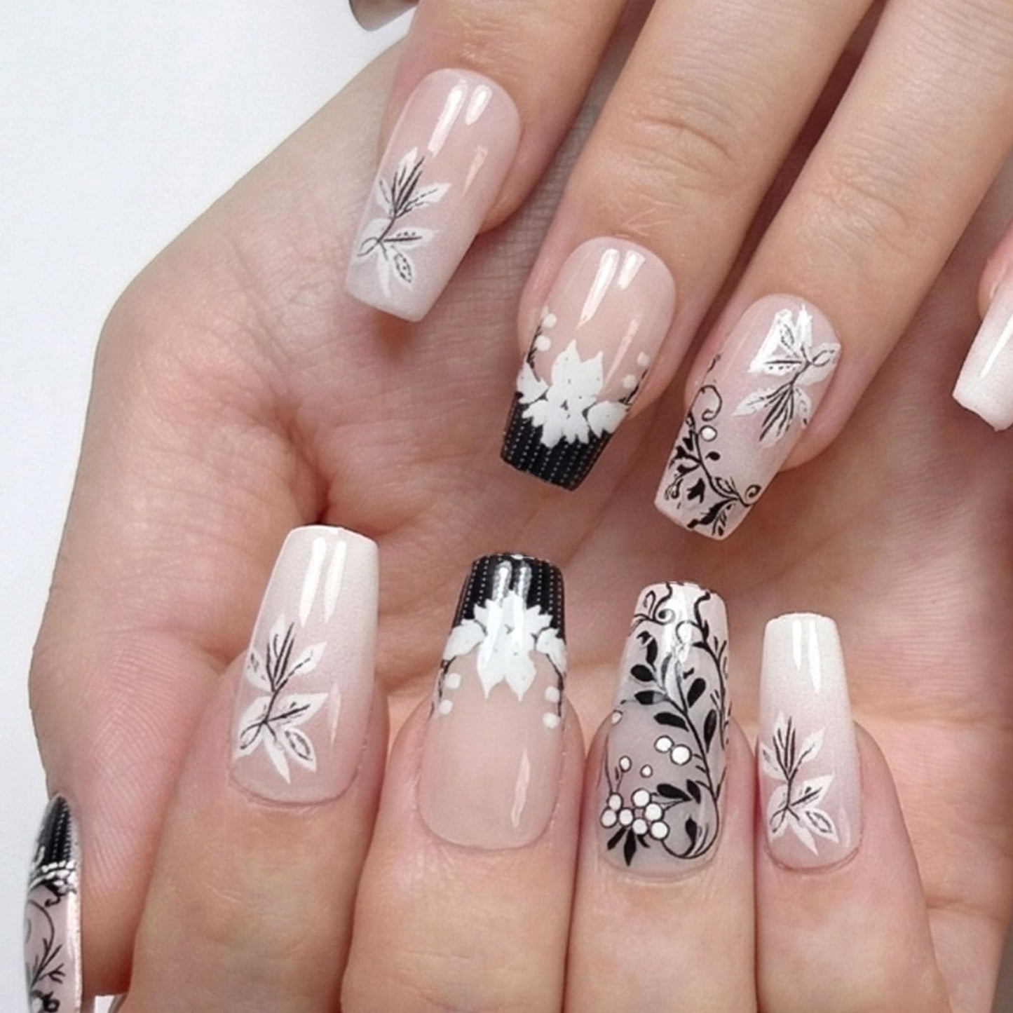 French Tip Press on Nails Medium Coffin Fake Nails with White Floral Black Leaves Designs Glossy Nails Press ons Gradient Glue on Nails Acrylic Nails Artificial Stick on Nails for Women 24Pcs