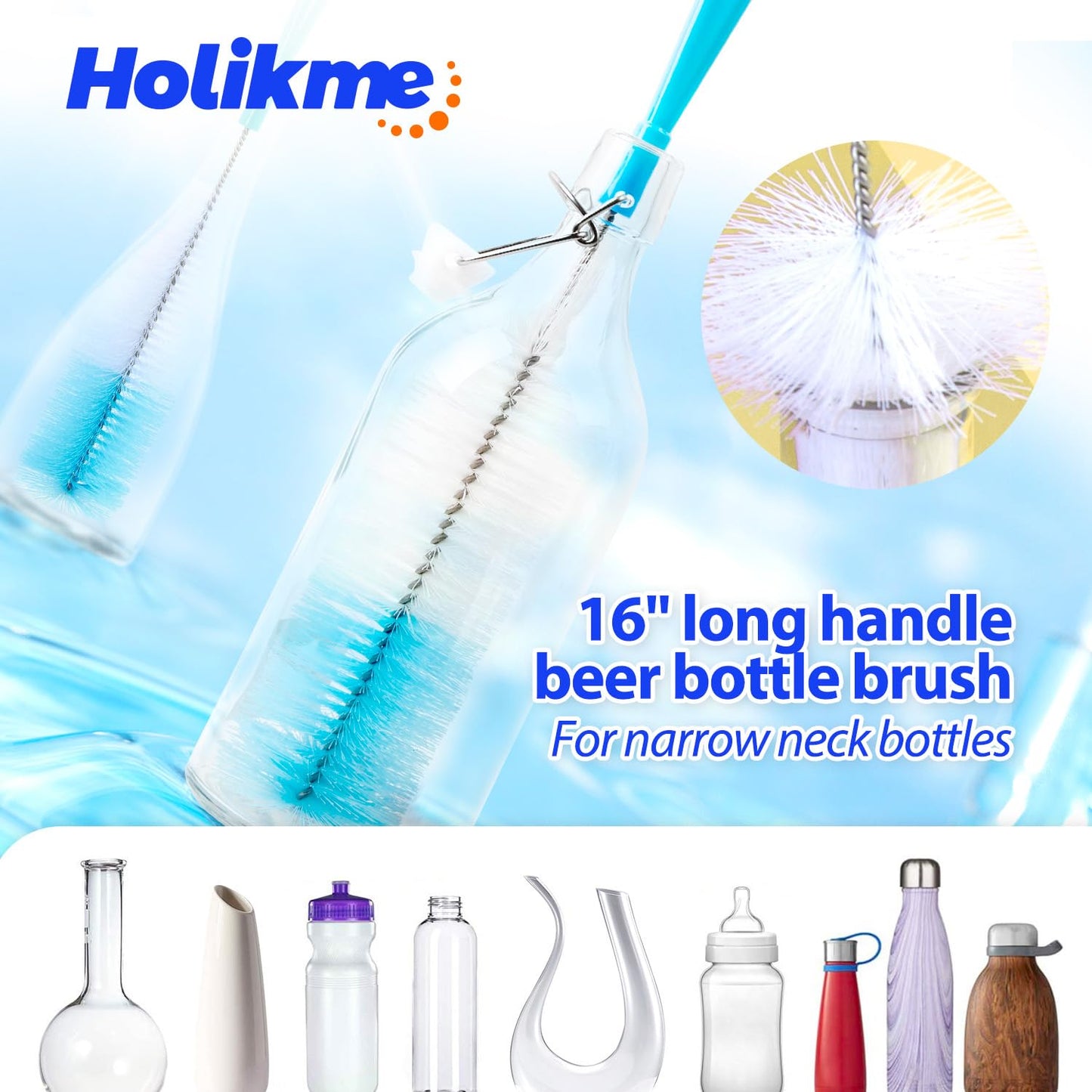 Holikme Bottle Brush Tube Cleaning Lab Set with Long Handle, Cup Cleaner for Washing Narrow Neck Beer Wine Decanter Pipes Lids Sinks Cap Covers, Green