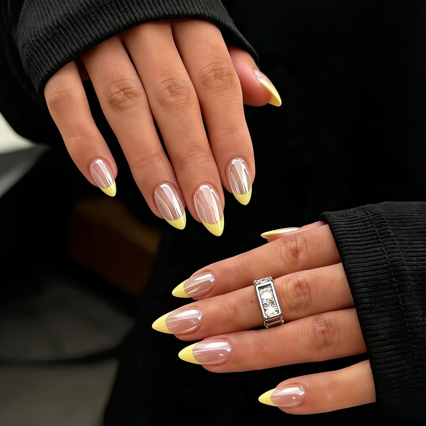 KQueenest Chrome French Tip Press On Nails Short Almond, 30 Pcs Glazed Pastel Yellow Fake Nails Press ons With Mirror Effect, Reusable Long-Lasting Bling Glue on Nails with Glue for Women Manicure