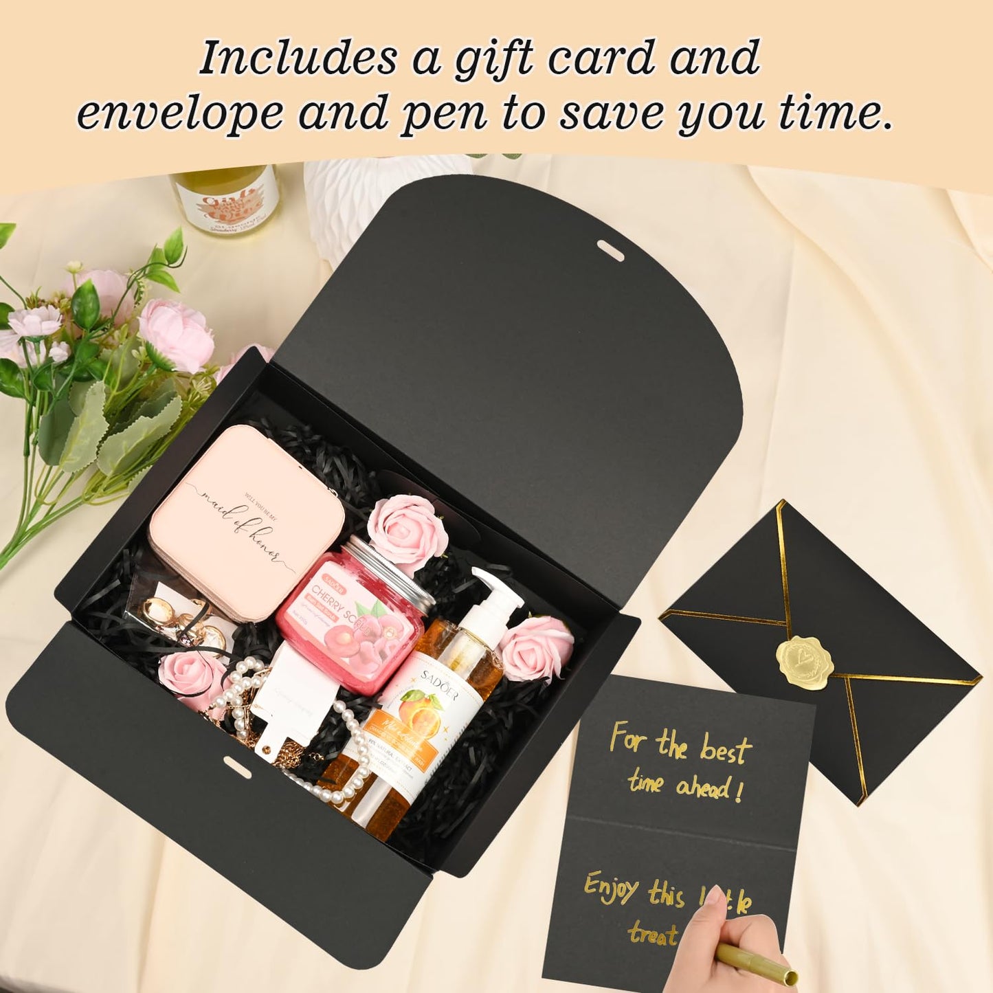 WLUSEAXI 10 Pack Black Gift Boxes with Lid, Bridesmaid Proposal Box with Cards and Envelopes Metal Pen Sticker for Groomsmen Proposal,Birthday,Wedding, Mother's Day 10.6×8×3.1 Inch