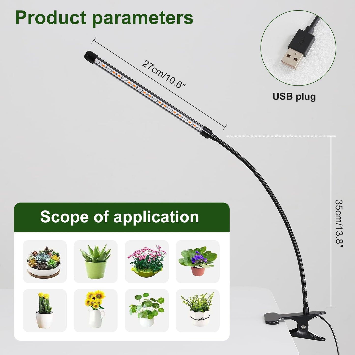 BS&S LED Grow Light,6000K Full Spectrum Clip Plant Growing Lamp with White Red LEDs for Indoor Plants,5-Level Dimmable,Auto On Off Timing 4 8 12Hrs (USB/20W)