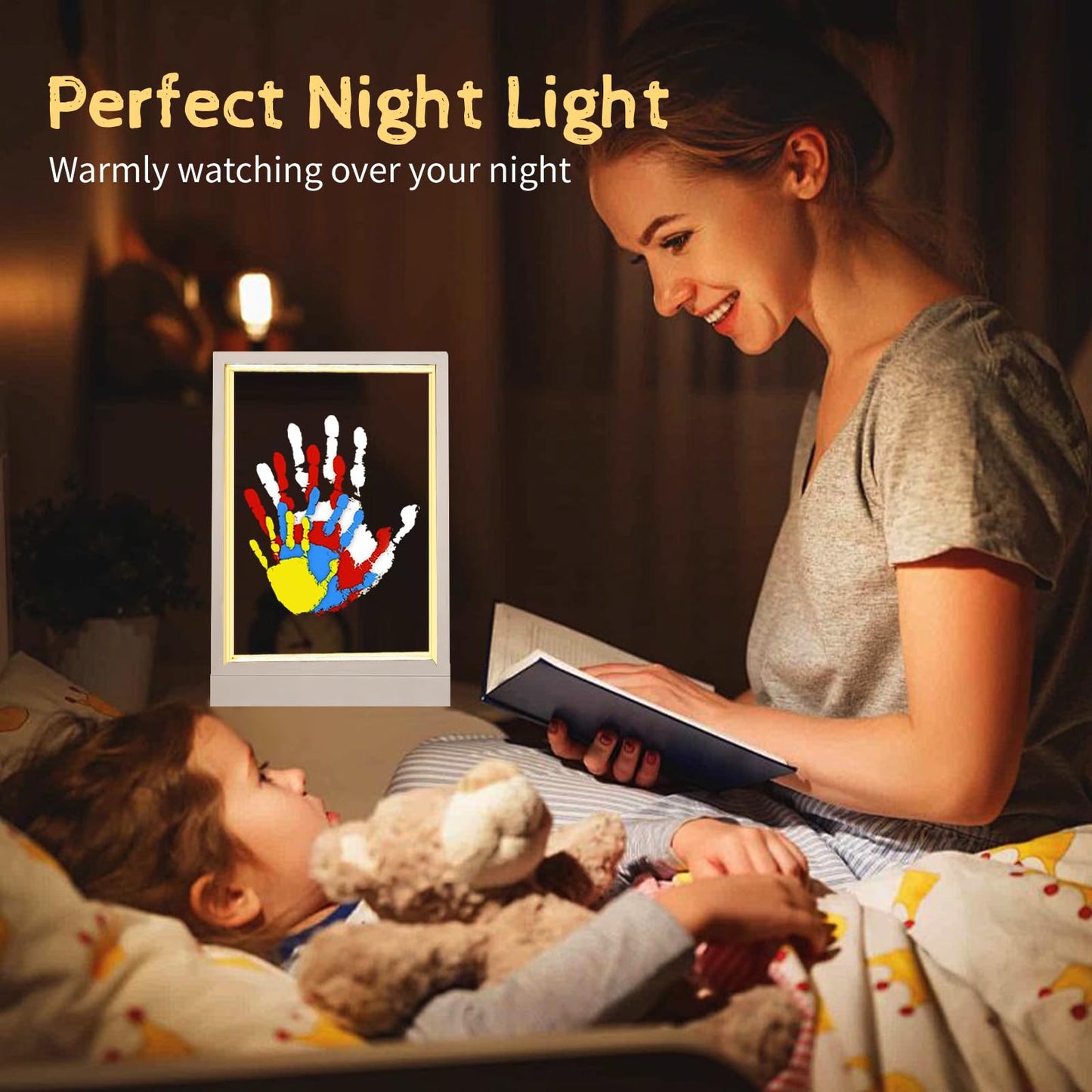 CHERRY CHEERS Family Handprint Kit with Light, Handprint Keepsake Frame, Wooden Led Light, Easy Install, No Need Screw etc, Non-Toxic Paints (White)