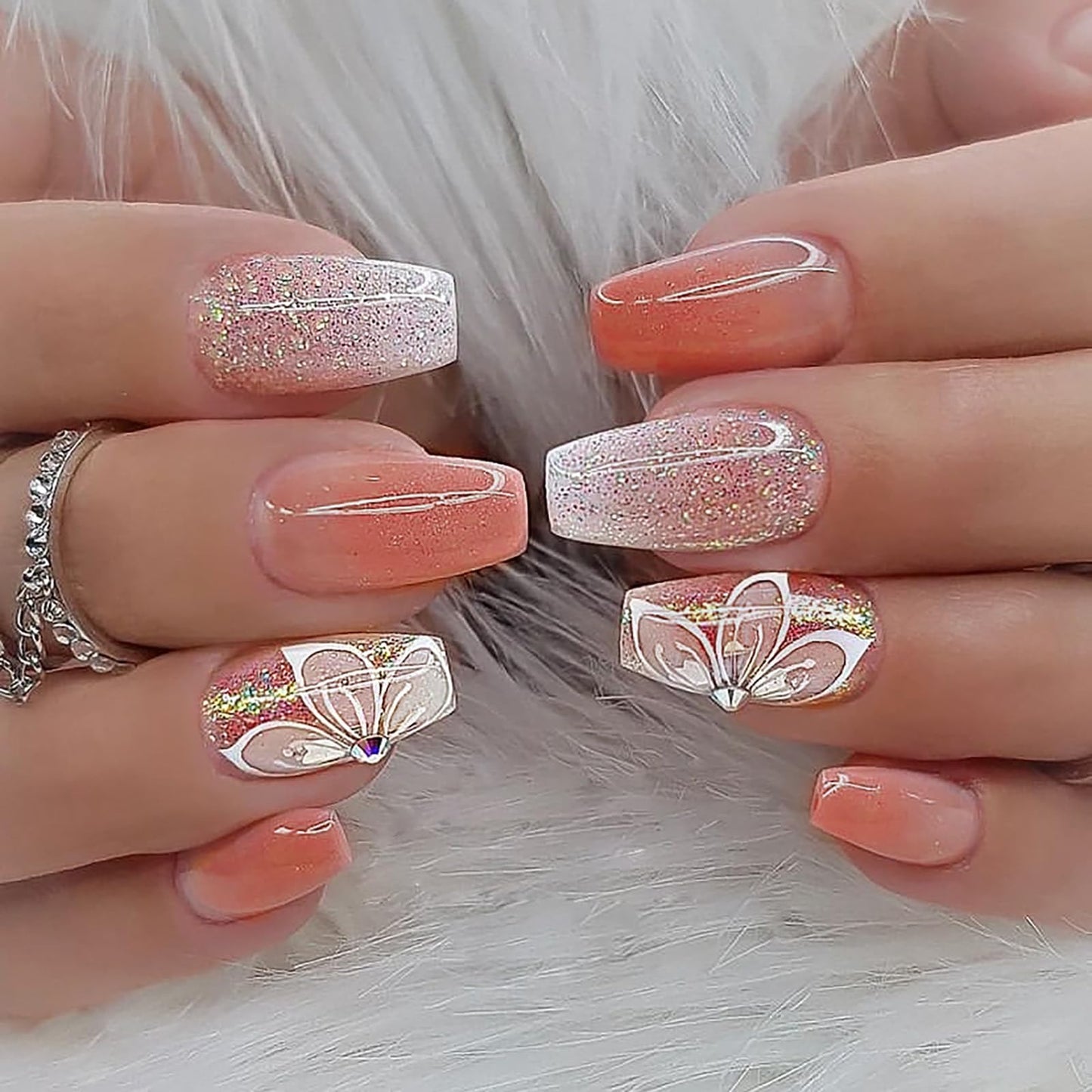 Press on Nails Medium Coffin SWEKKE Fake Nails Nude Pink Gradient Full Cover False Nails with Flower Designs Pink Glitter Glossy Glue on Nails Artificial Acrylic Nails for Women Girls 24 Pcs