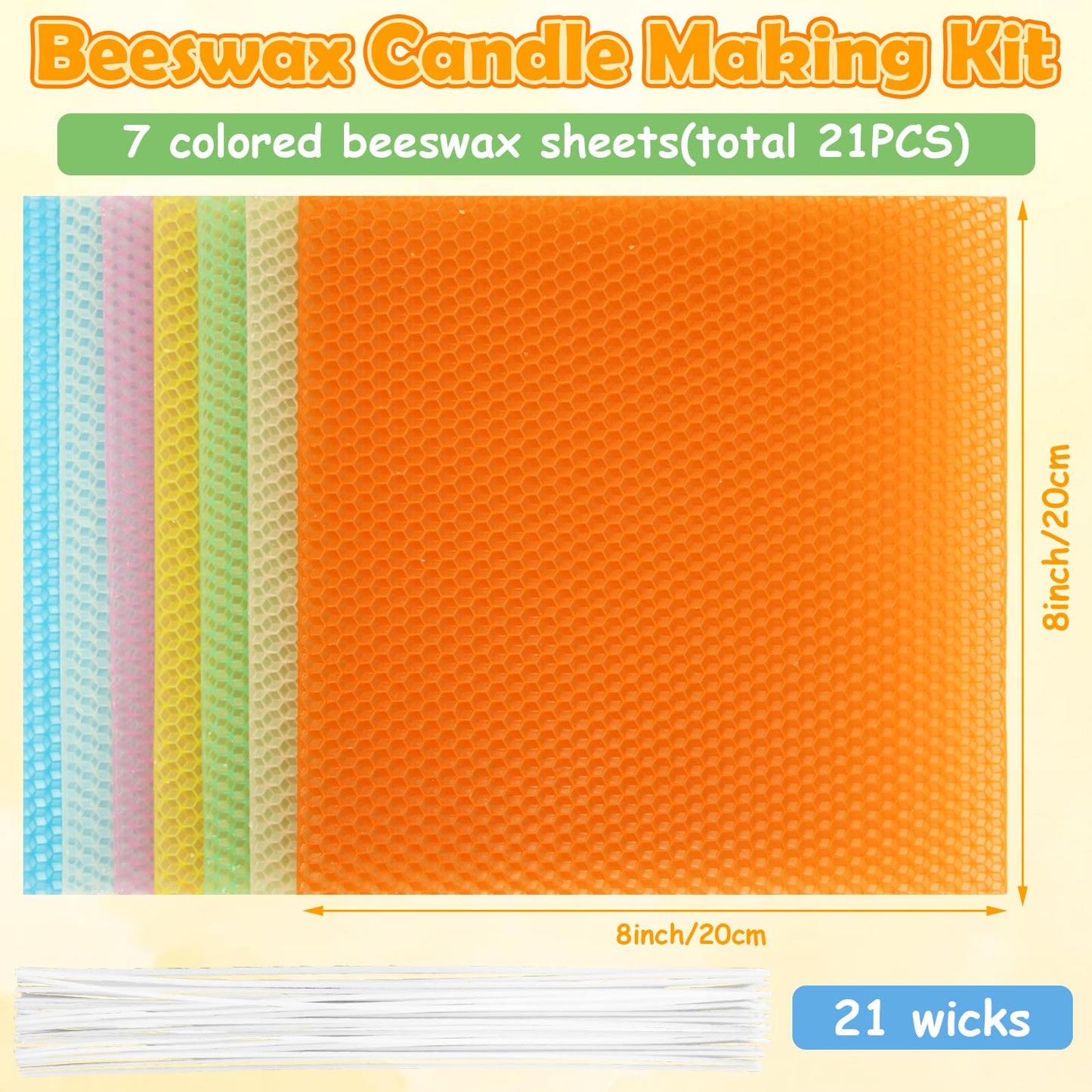 GBACHOOSE 8x8 Inch Beeswax Sheets for Candle Making, 21PCS Beeswax Candle Sheet, 7 Colorful Wax Candle Color Sheets Create Your Own Unique Candles