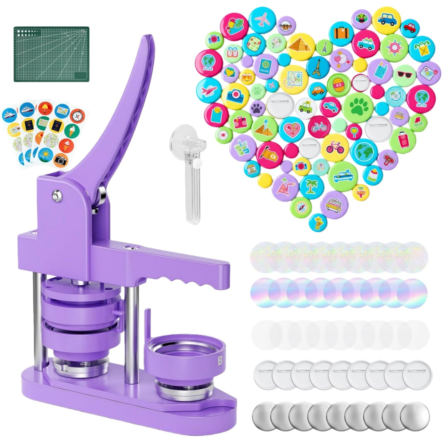 Button Maker Machine 2.25'' Button Press Machine Pin Badge Maker Machine with 100 Set Holographic Film, Button Pinback Making Supplies, Removable Dies, 1 Circle Cutter, 1 Cutting Mat, 50 Photo Paper