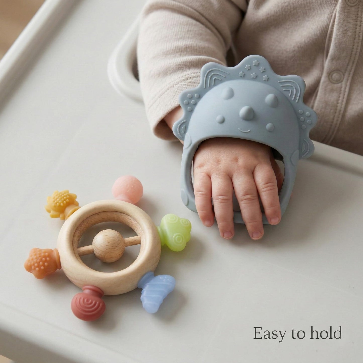 TINBLII Baby Teething Toys 2 Pack, Dinosaur Mitten Teether and Ring Sun Teether with 6 Chewing Points, Silicone Chew Toys for Infants 0-6 6-12 Months, BPA Free Soothing Gum Relief Set (Blue)