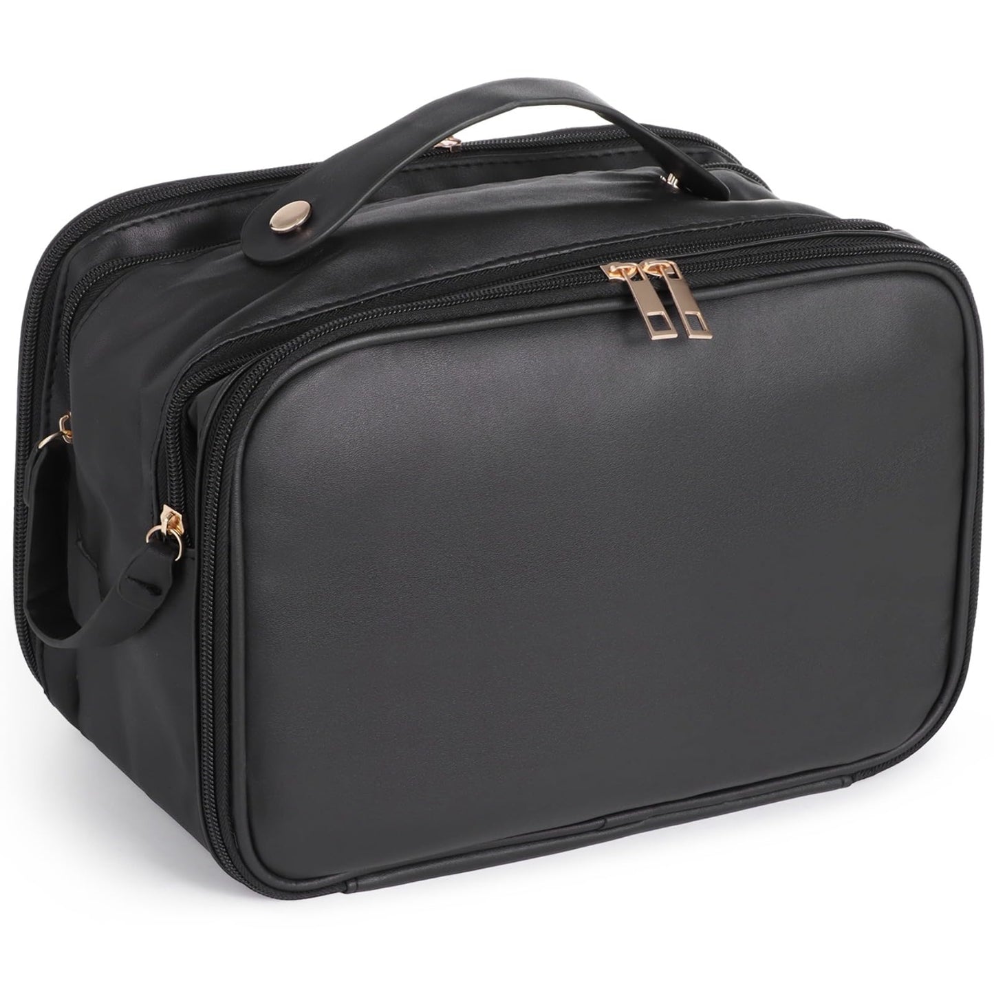 DORMIYA Black Travel Makeup Bag for Women - Large Capacity Cosmetic Organizer, Multi-Layer Toiletry Bag with Handle, Waterproof PU Leather Portable Makeup Zippered Case with Standing Brush Holder