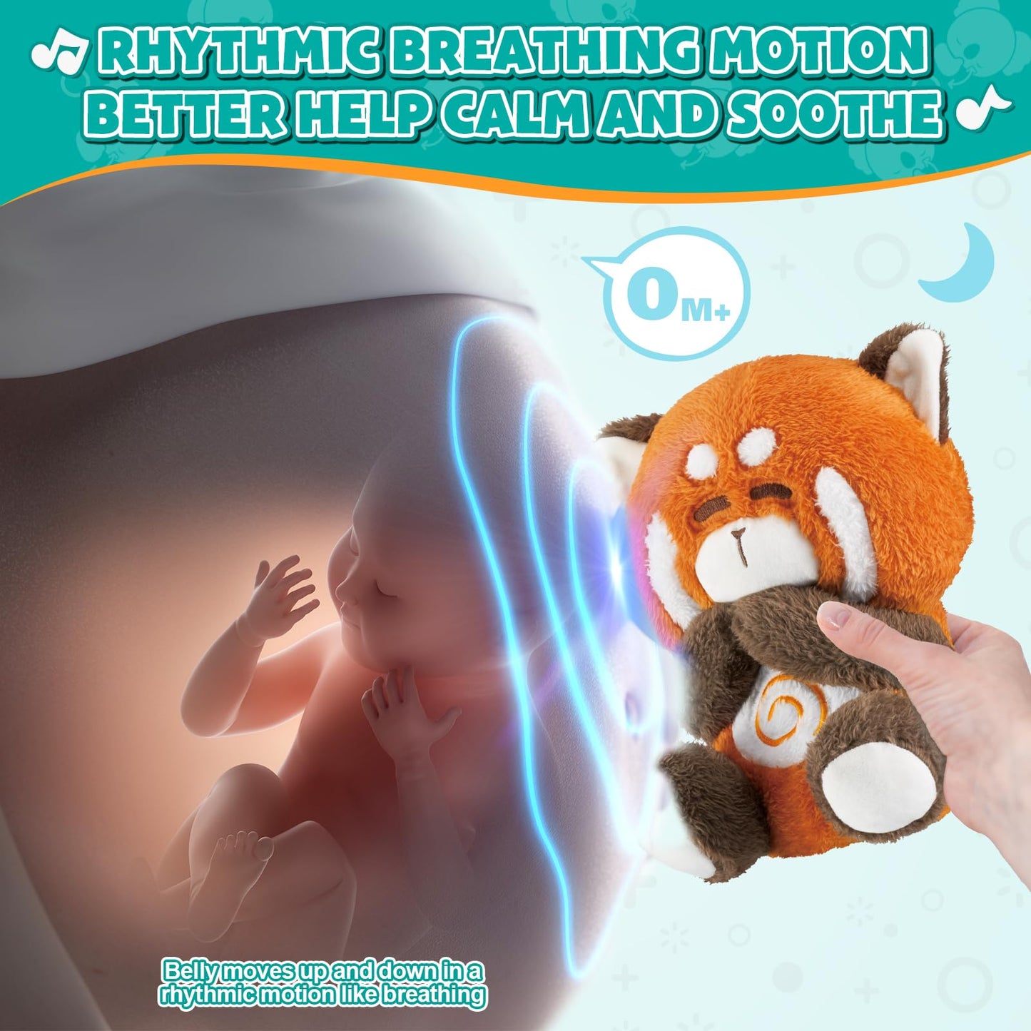 auby Red Panda Baby Soothing Toy - White Noise Machine & Lullabies, Plush Comfort with Rhythmic Breathing, Removable Sound Box for Easy Wash, Newborn Gift