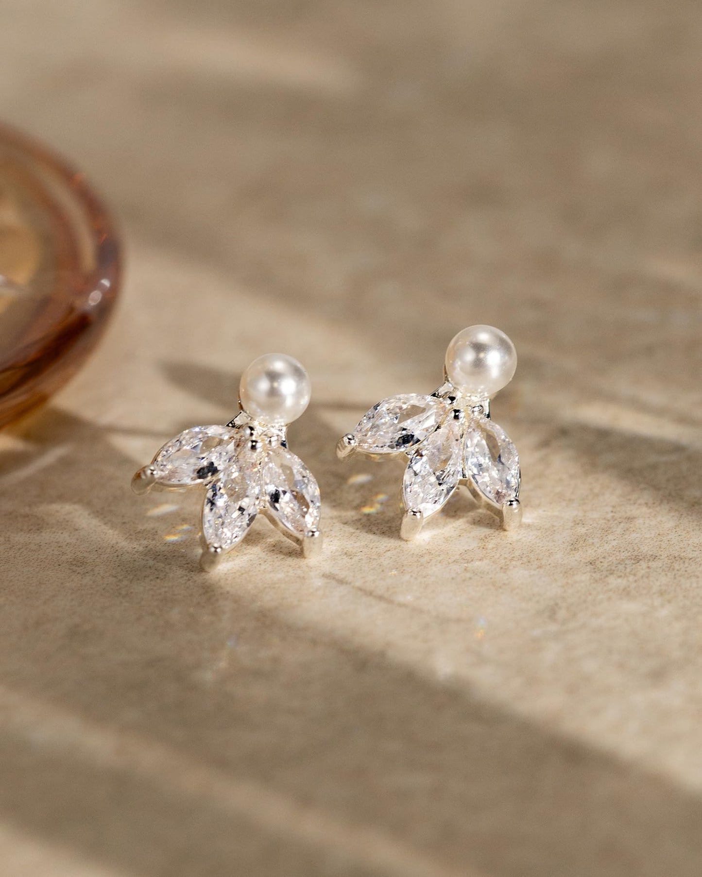 BSGRL Pearl Earrings - Silver 14k White Gold Plated 3pcs Marquise Cut Cubic Zirconia Pearl Stud Earrings for Women Wedding Party Bridal