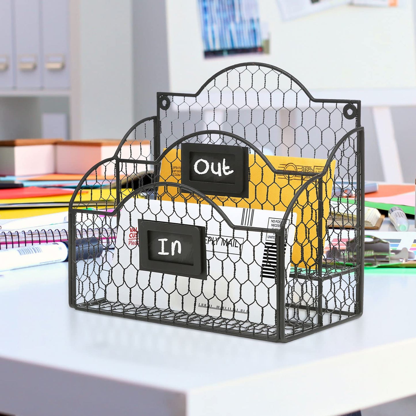 MyGift Metal Wire Basket Desk Organizer, 2 Compartment Inbox/Outbox Black Entryway Wall Mail Sorter, Office Desktop Stationery File Organizer Holder with Chalkboard Labels