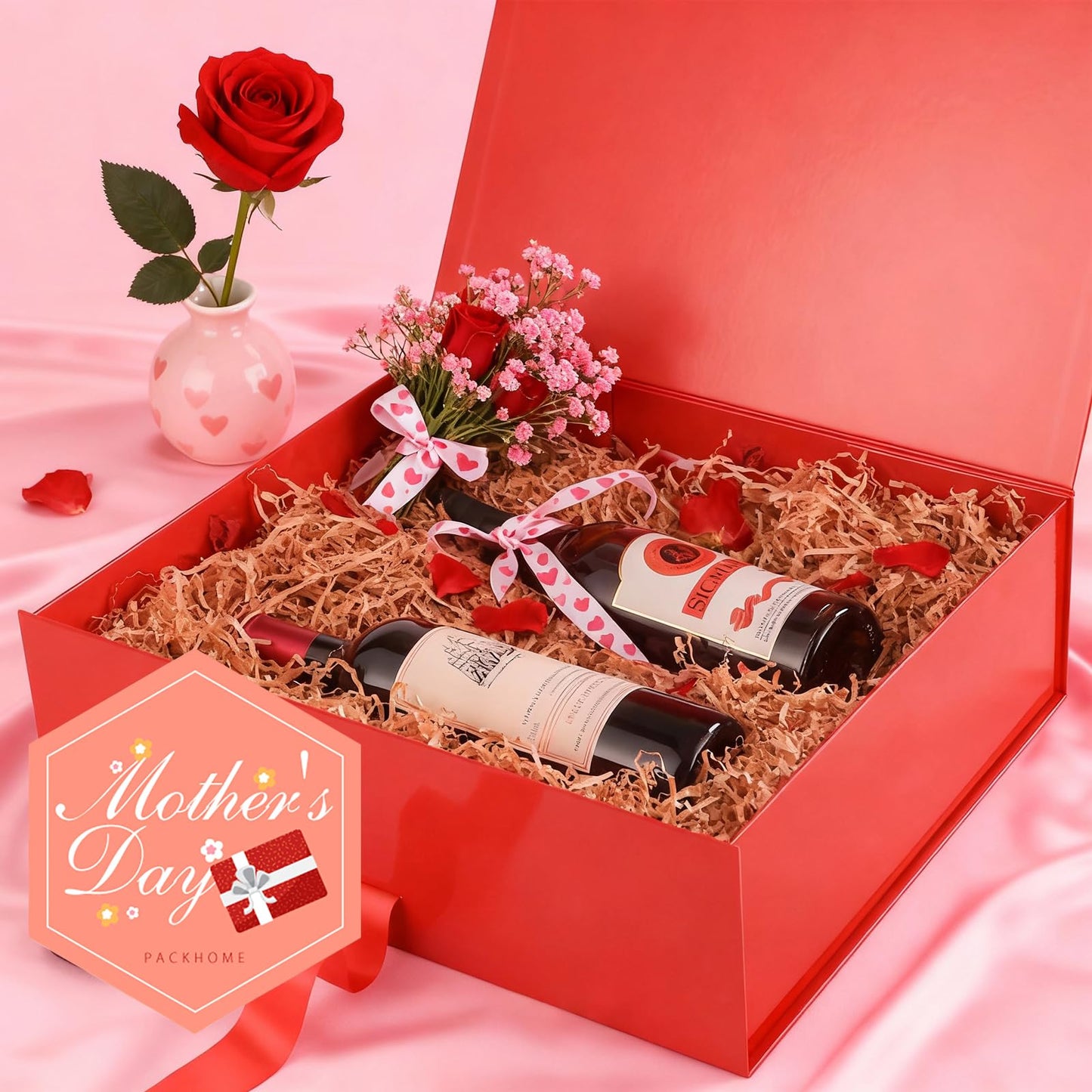 PACKHOME Mother's Day 17x14.5x5.5 Inches, 3 Extra Large Gift Boxes with Lids, Magnetic Closure Boxes for Clothes and Large Gifts (Glossy Red)
