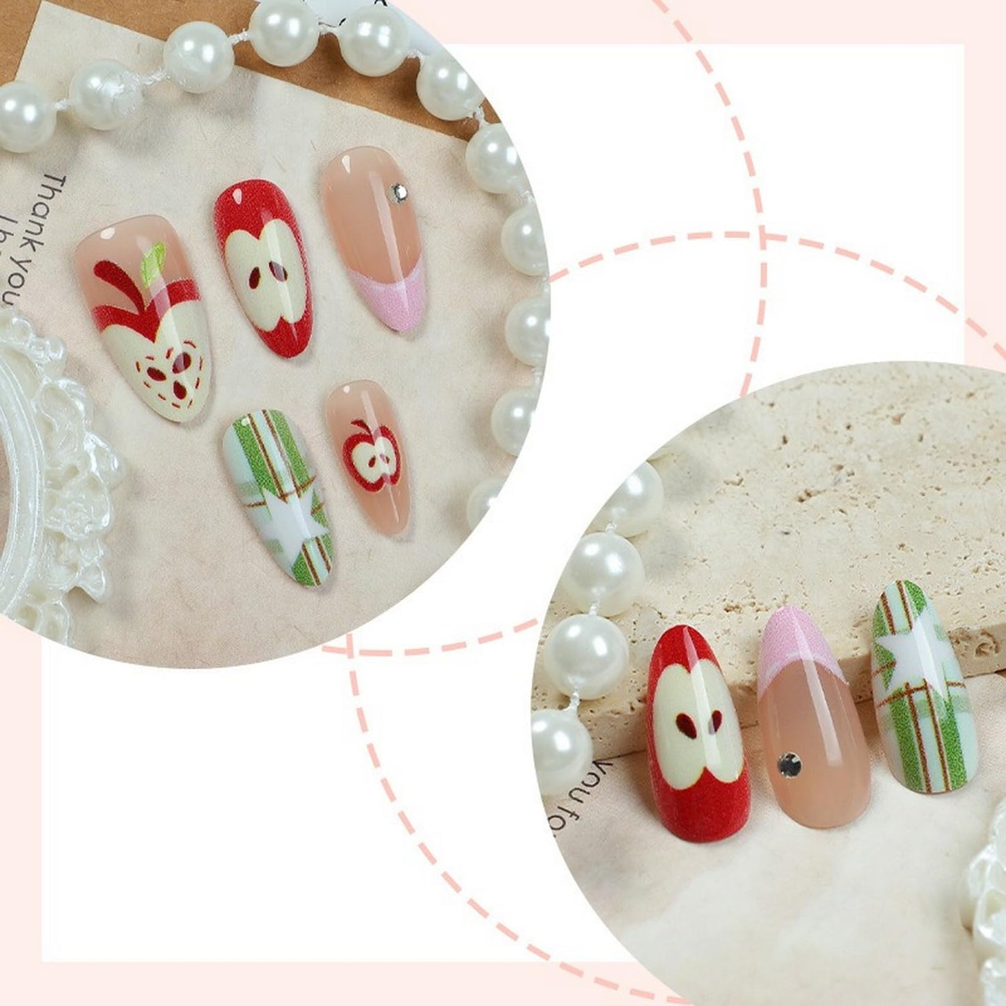 Medium Almond Press on Nails SWEKKE Pink French Tip Fake Nails Cute False Nails with Apple Stars Plaid Designs Funny Glossy Glue on Nails Stick on Nails for Women Girls 24Pcs