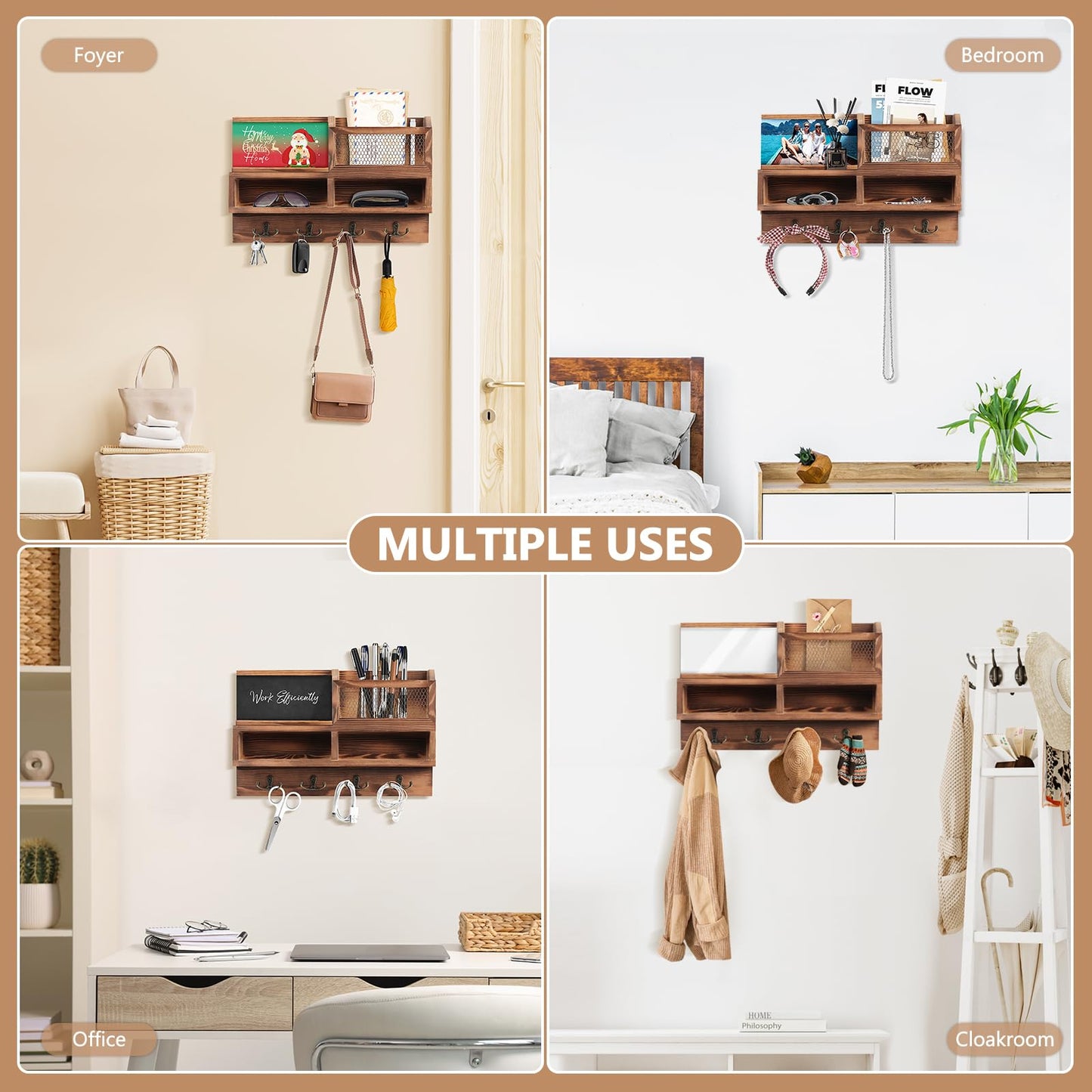 HOMEBROS Key Holder Wall Mount, Wooden Mail and Key Organizer with Chalkboard and Mirror, 3 Greeting Cards, 8 Hooks, Brown, Type 1