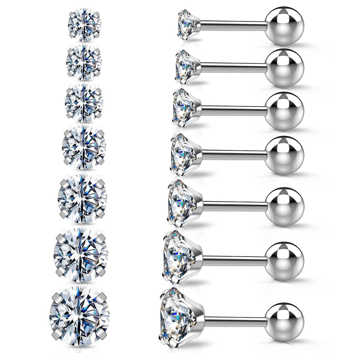Stud Hoop Earrings Set 7 Pairs Hypoallergenic Cubic Zirconia Titanium Stainless Steel Silver Rose Gold Black 2-8mm CZ Cartilage Helix Flatback Ball Stud Hinged Sleeper Hoop Earrings Sets for Women Men